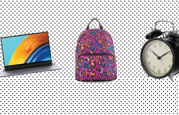 Laptop, σακίδιο πλάτης, ξυπνητήρι