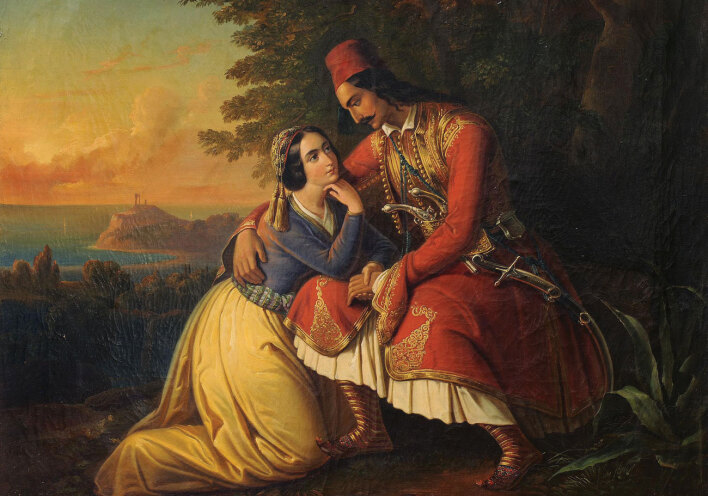 Πίνακας ζωγραφικής «Αποχαιρετισμός στο Σούνιο» δείχνει πολεμιστή και κοπέλα 