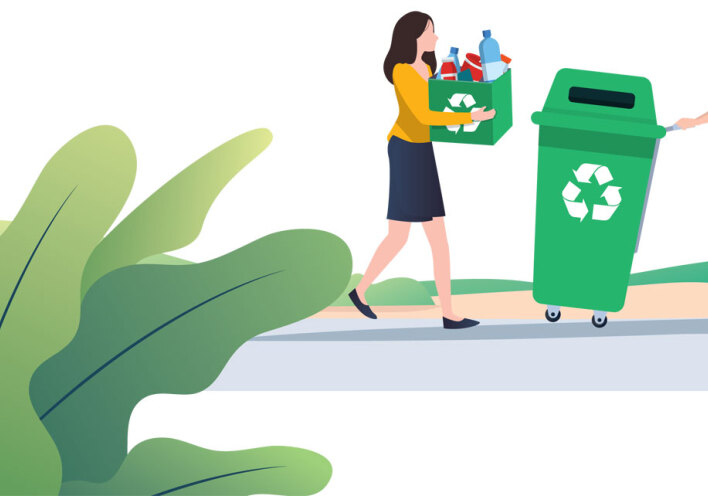 Εικογράφηση με γυναίκα που κρατάει μπουκάλια ανακύκλωσης, άνδρας που σπρώχνει κάδο ανακύκλωσης