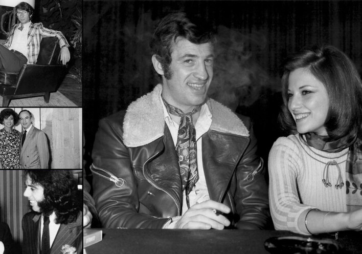 Αριστοτέλης Ωνάσης, Σταμάτης Κόκοτας, Σίρλεϊ Μπάσεϊ, Πιερ Καρντέν και Ζαν-Πολ Μπελμοντό στο Χίλτον Αθηνών