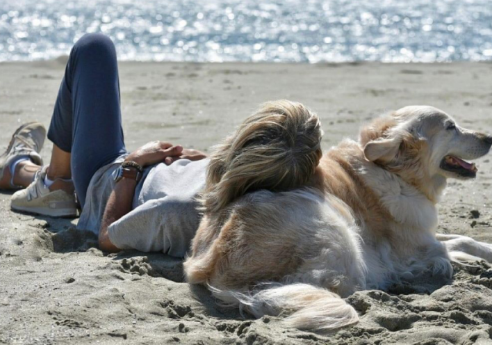 Γυναίκα και σκύλος στην παραλία