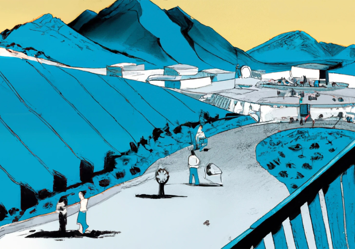 Εικονογράφηση: μια καλλιτεχνική απεικόνιση στρατοπέδου εγκλεισμού στην επαρχία Σιντζιάνγκ από το πρόγραμμα Τεχνητής Νοημοσύνης DALL-E-2