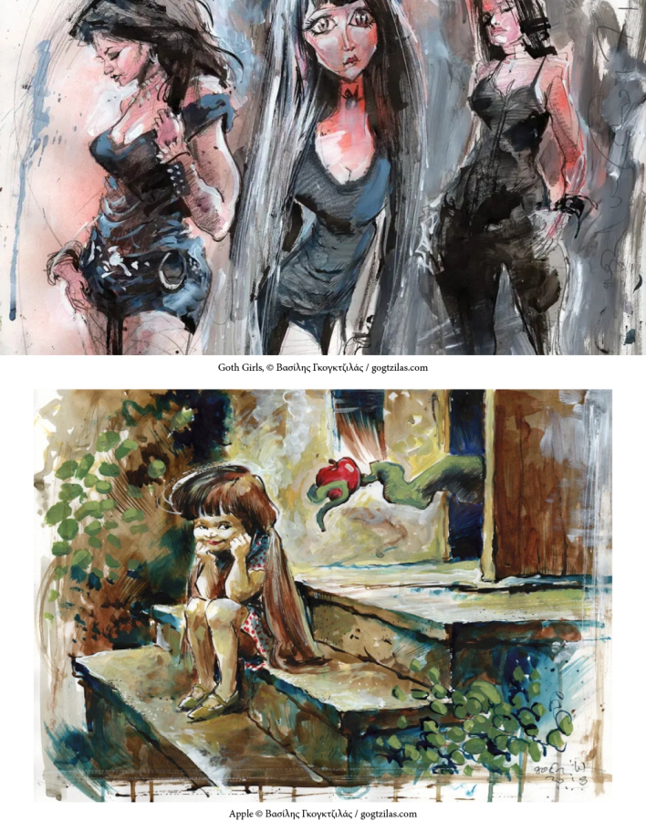 Έργα του Βασίλη Γκογκτζιλά. Πάνω: Goth Girls, κάτω: Apple