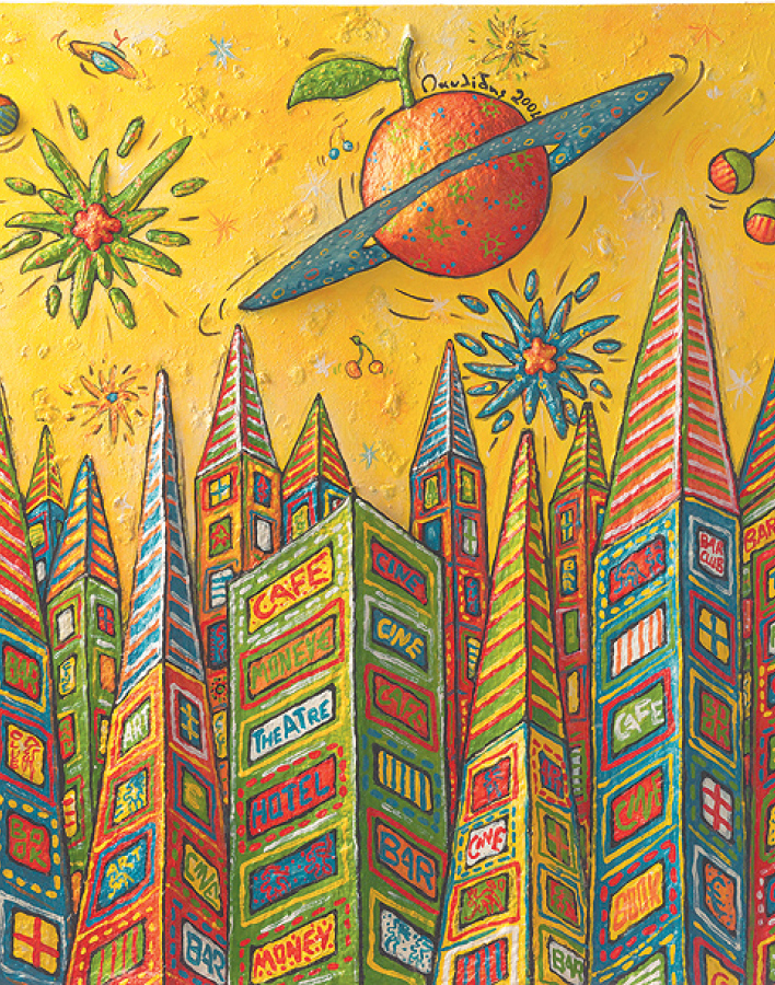 Έργο του Γιάννη Παυλίδη, «“A.V” City», papier-mache και ακρυλικό, 80 x 80 x 8 cm