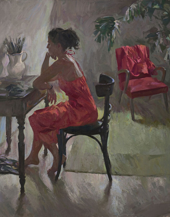 Το πορτοκαλί φόρεμα, 2018, λάδι σε μουσαμά, 140x120 εκ