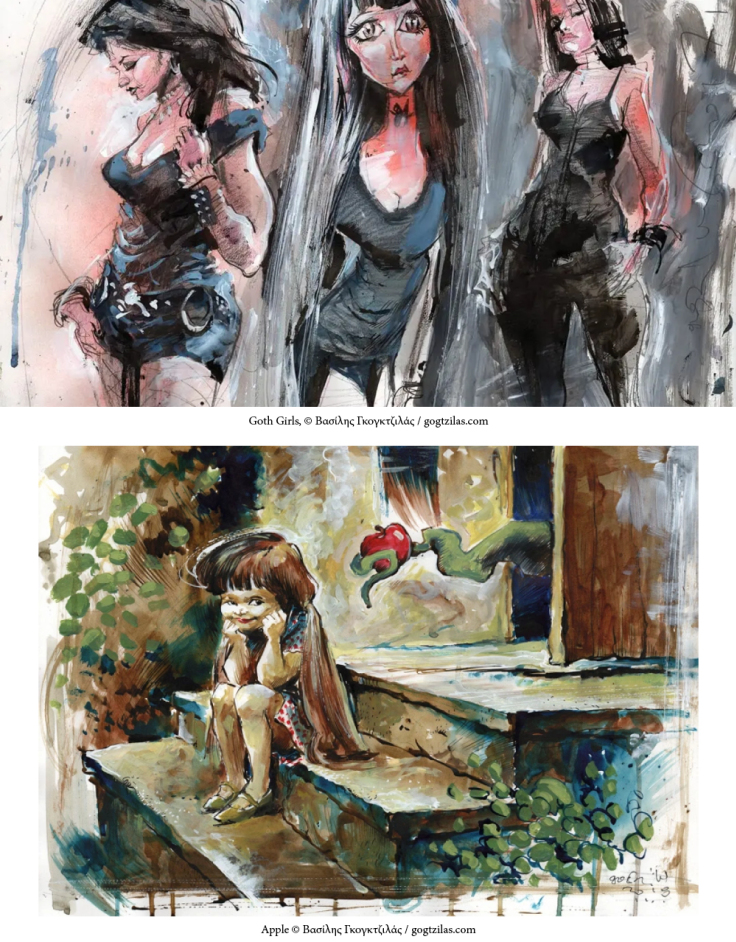 Έργα του Βασίλη Γκογκτζιλά. Πάνω: Goth Girls, κάτω: Apple