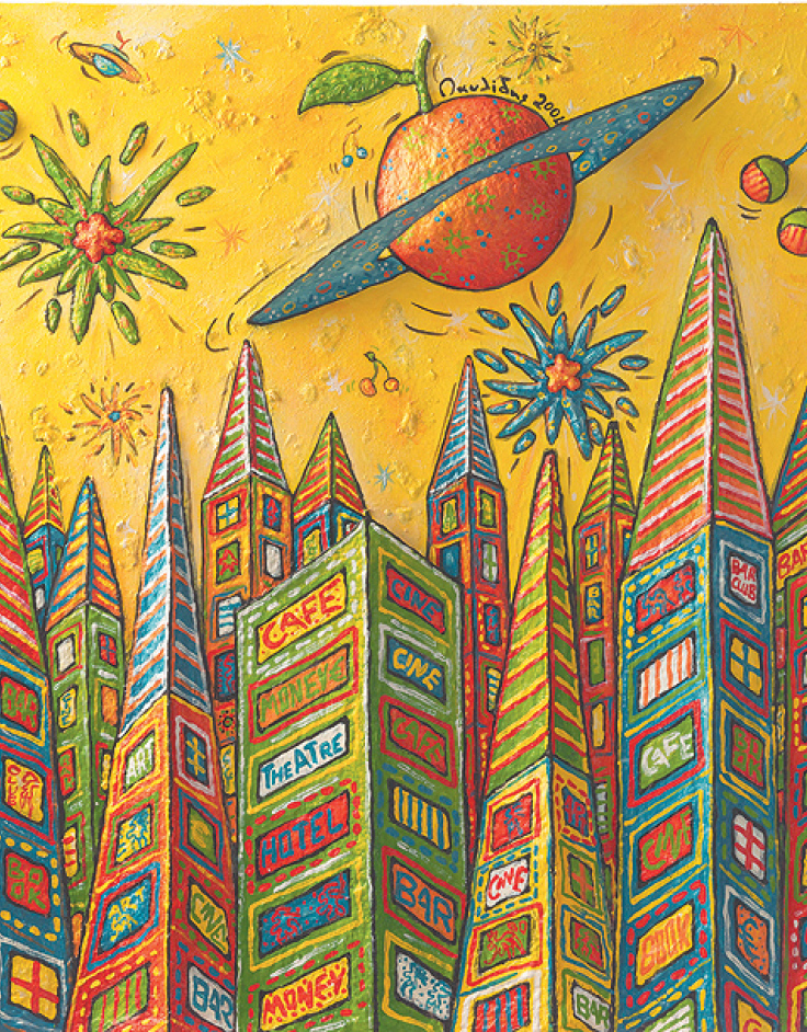 Έργο του Γιάννη Παυλίδη, «“A.V” City», papier-mache και ακρυλικό, 80 x 80 x 8 cm