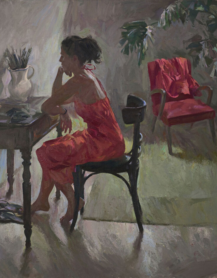 Το πορτοκαλί φόρεμα, 2018, λάδι σε μουσαμά, 140x120 εκ