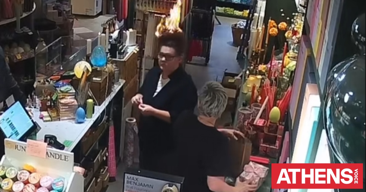 Η στιγμή που εργαζόμενη σε κατάστημα με κεριά αντιλαμβάνεται ότι τα μαλλιά της άρπαξαν  φωτιά