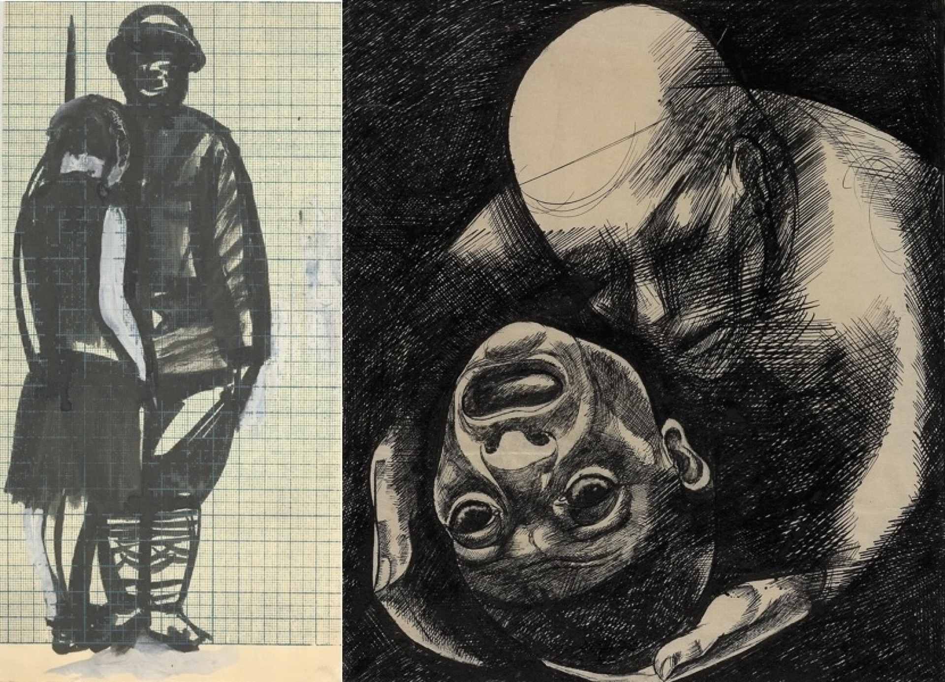 Σολομόν Νικρίτιν, Το κορίτσι και ο στρατιώτης, από την αντιπολεμική σειρά σχεδίων, αρχές δεκαετίας 1920, μελάνι σε χαρτί / Σολομόν Νικρίτιν, Κεφάλι. Από την σειρά «Πόλεμος», 1922-23, μελάνι σε χαρτί ©MOMus-Μουσείο Μοντέρνας Τέχνης-Συλλογή Κωστάκη