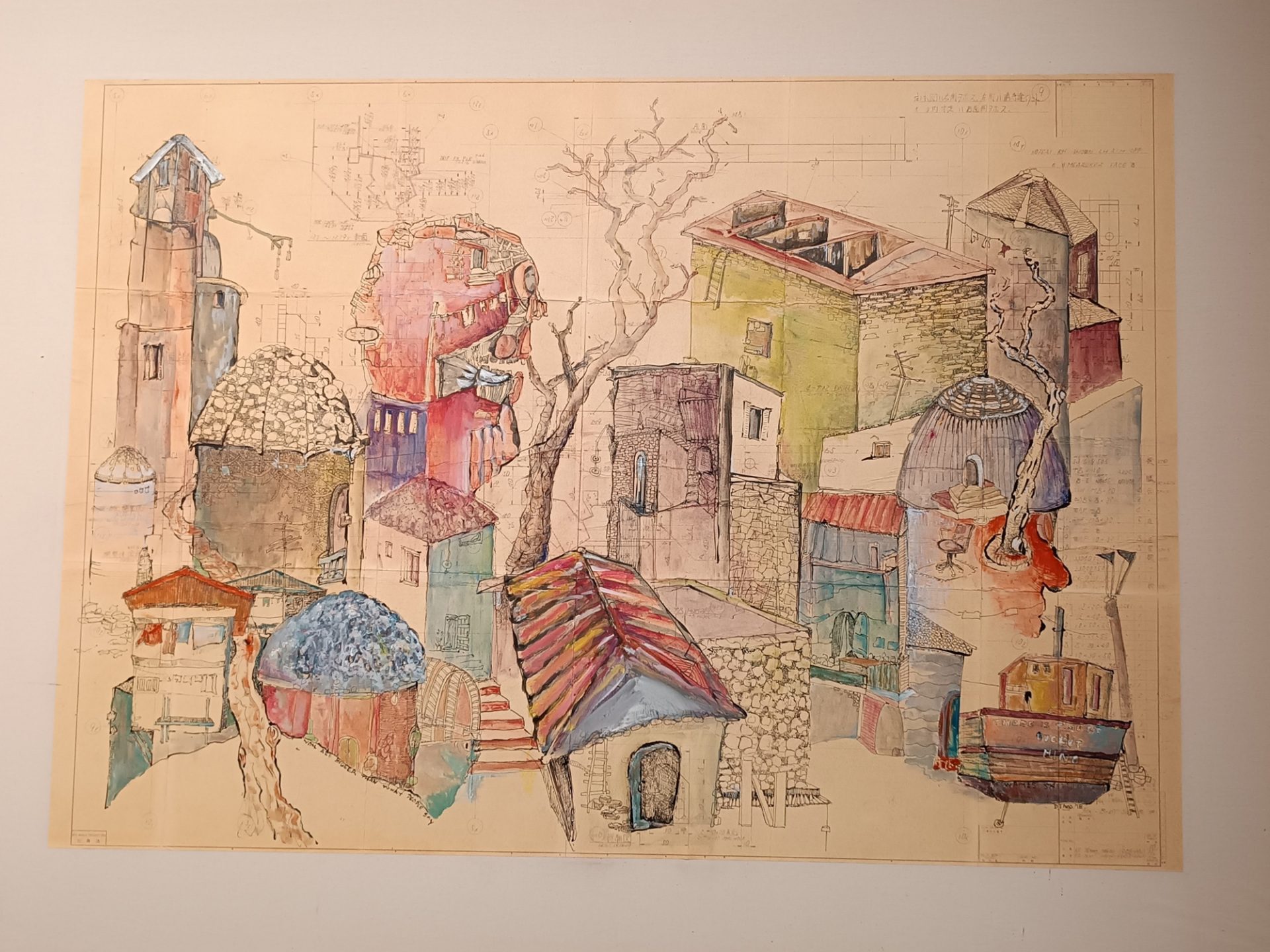 Έργο σε παλιό σχέδιο συναρμολόγησης εφαρμοσμένου σε καμβά