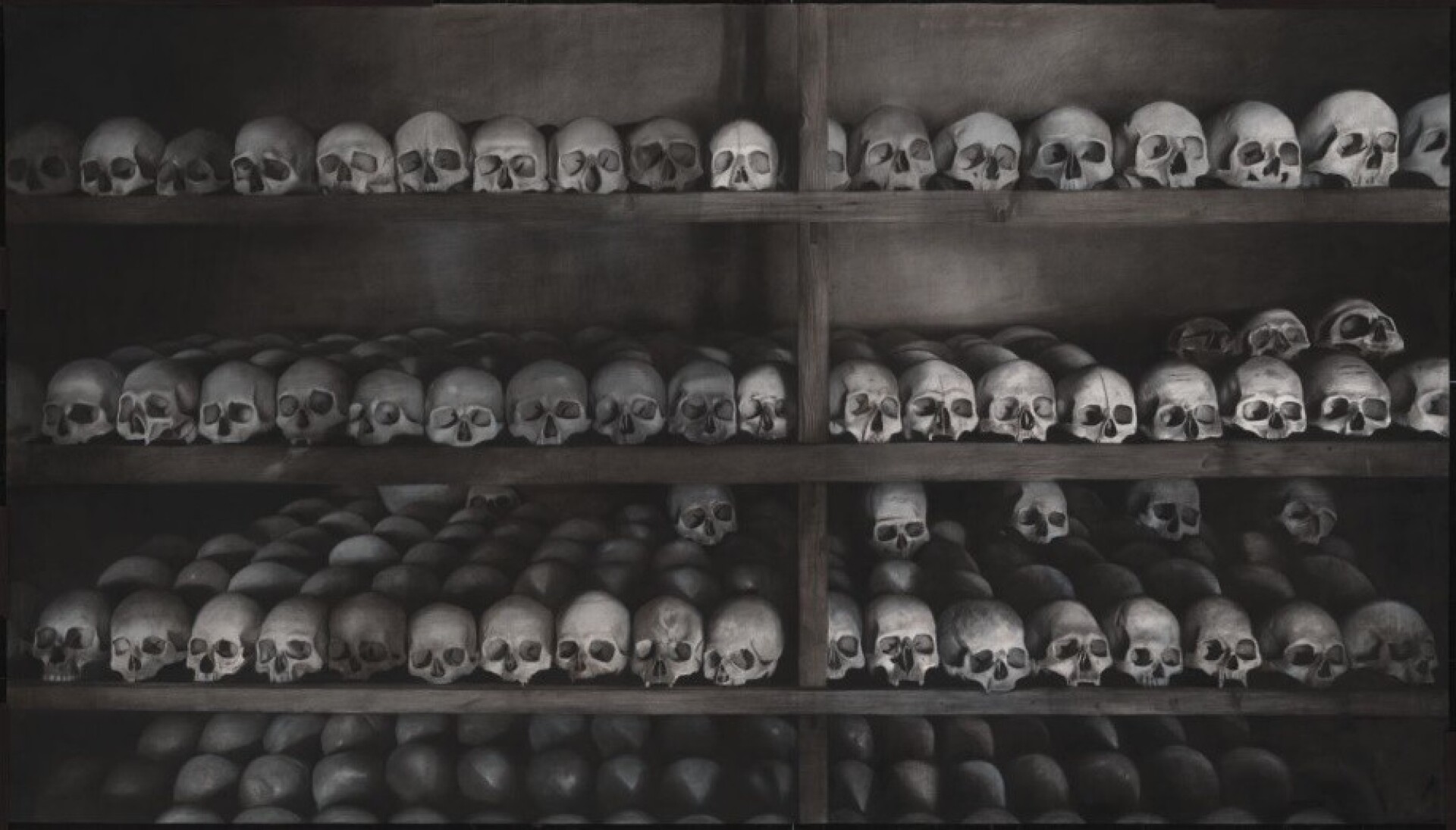 Ιερά Μονή Ξενοφώντος, οστεοφυλάκιο. Κάρβουνο και λευκή κιμωλία σε χαρτί, 85 × 149.5 cm, 2023