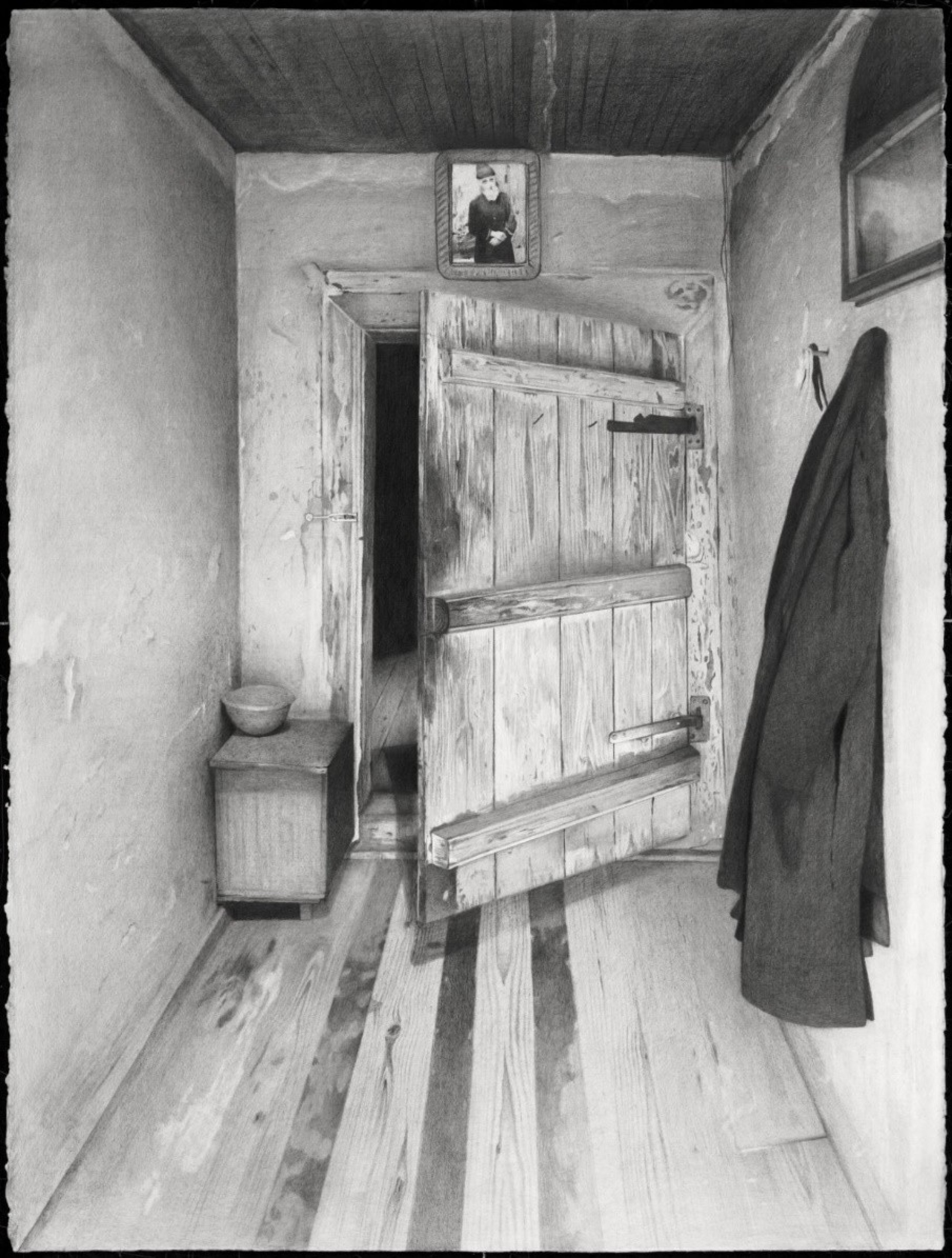 Ιερό Κελί Παναγούδας (όσιος Παΐσιος), εσωτερικό. Μολύβι σε χαρτί, 76 × 56 cm, 2022