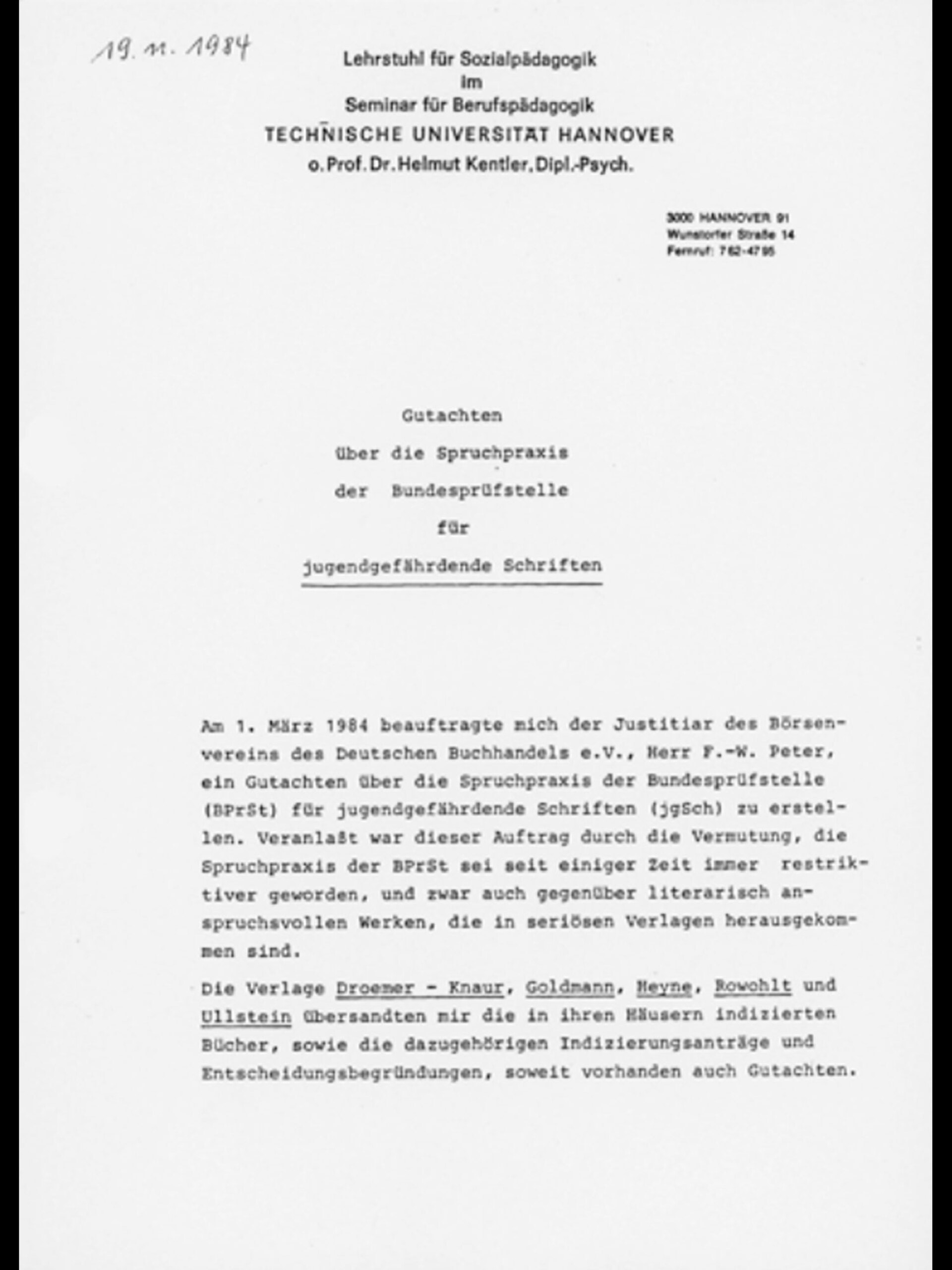 Έκθεση για το ερευνητικό έργο: Χέλμουτ Κέντλερ και το Πανεπιστήμιο του Ανόβερου