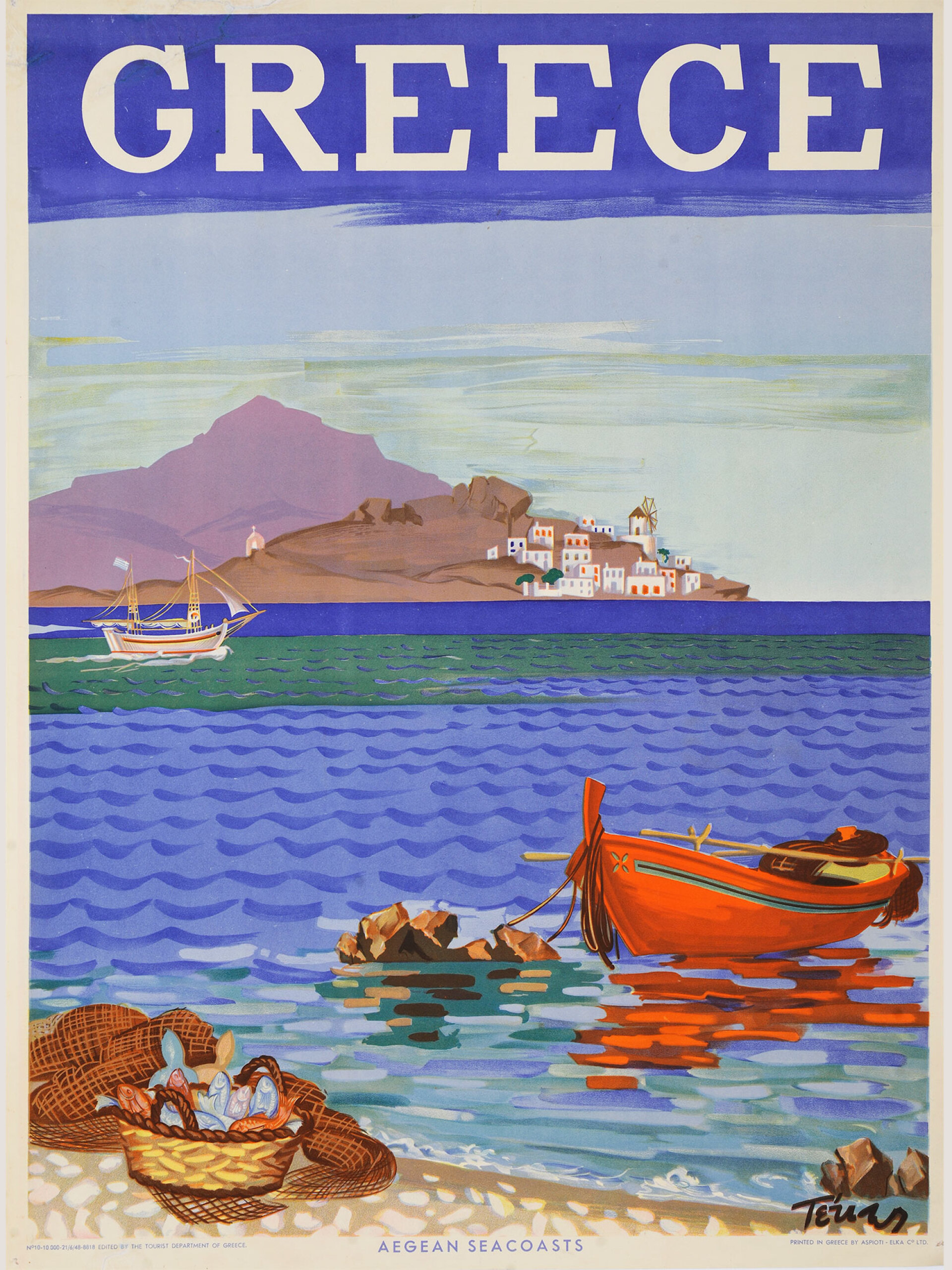 Αιγαιοπελαγίτικες Ακτές | Παναγιώτης Τέτσης. Αφίσα της γενικής γραμματείας τουρισμού, 1948
