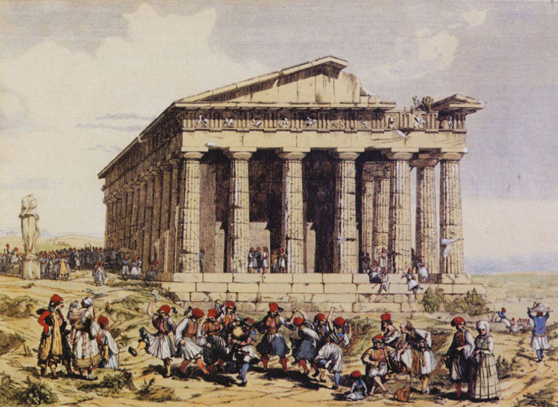 Το Θησείο, επιζωγραφισμένη χαλκογραφία του Αντρέα Γκασπαρίνι (1831-1879) | Το έργο απεικονίζει εορτασμούς μπροστά από τον Ναό του Θησείου, πιθανότατα τα περίφημα «Ρουσάλια» την Τρίτη του Πάσχα