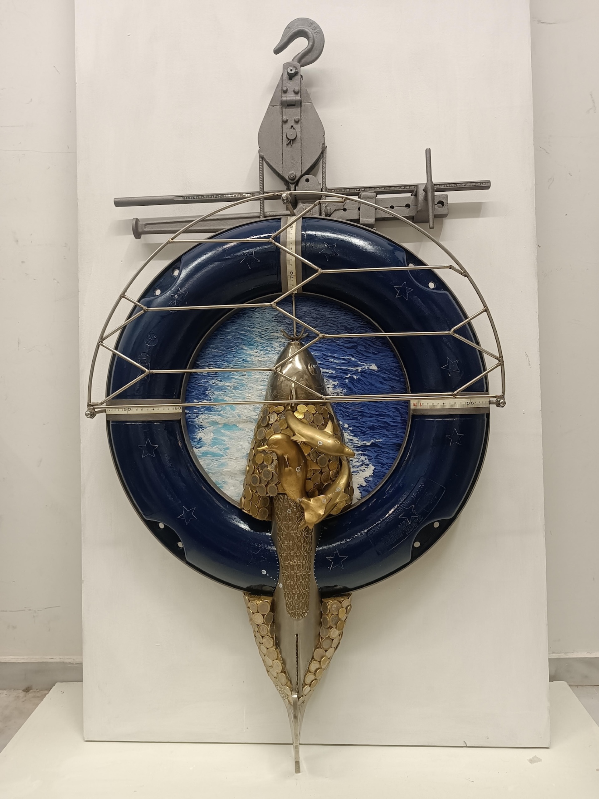 Tanimanidis Panayiotis, A dive into a lifeline flag, 150 x 75 x 15 cm, mixed media, 2025