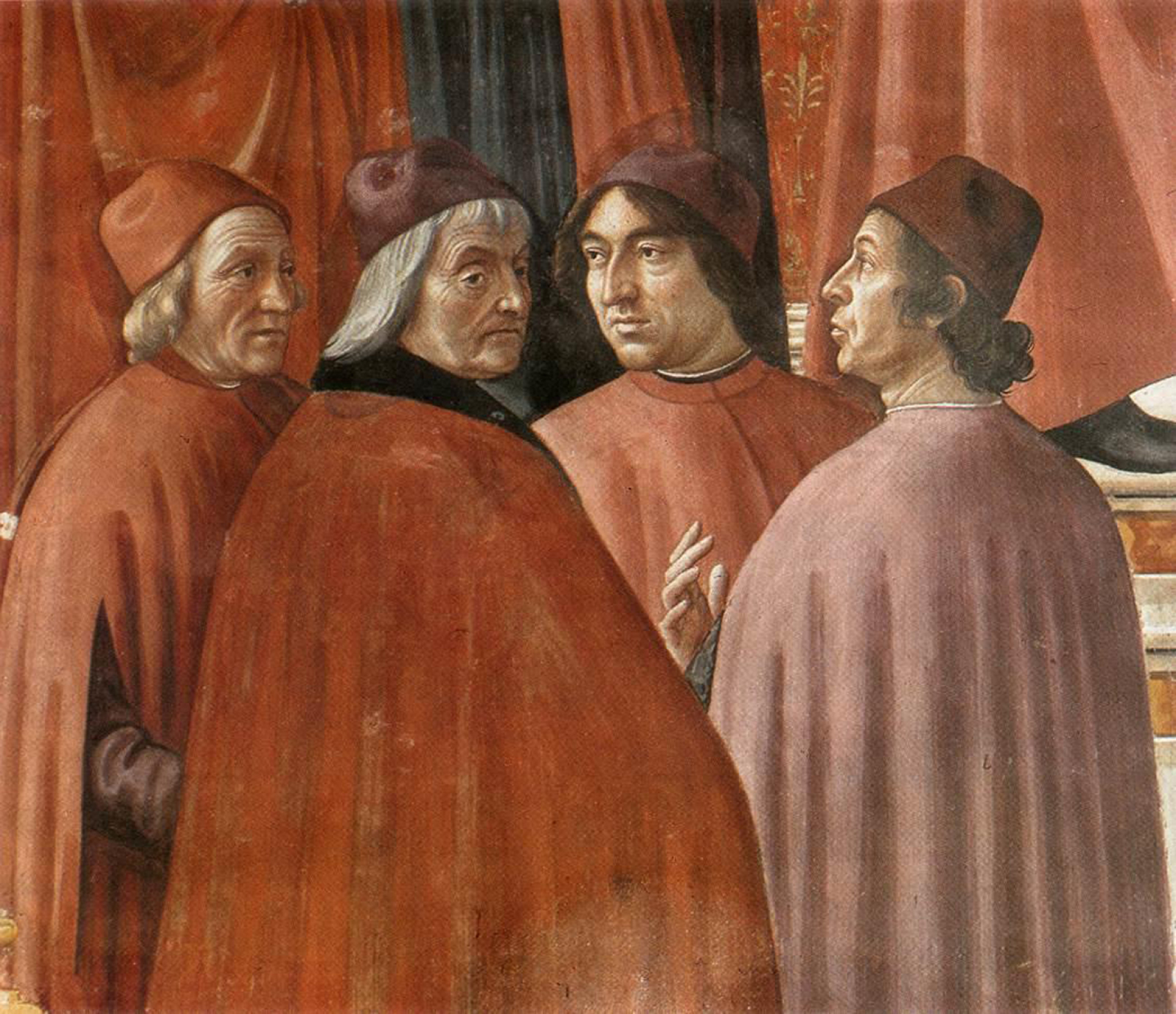 O Μαρσίλιο Φιτσίνο (1433-1499), αριστερά, από την νωπογραφία του Ντοµένικο Γκιρλαντάιο «Ο Ζαχαρίας στον Ναό» (1486-1490) στη Σάντα Μαρία Νοβέλλα στη Φλωρεντία. Εικονίζονται επίσης (από αριστερά προς τα δεξιά) οι Κριστόφορο Λαντίνο, Άντζελο Πολιτζιάνο και Δηµήτριος Χαλκοκονδύλης (1423-1511), Έλληνας λόγιος, µαθητής του Πλήθωνα, Καθηγητής Ελληνικών και Φιλοσοφίας