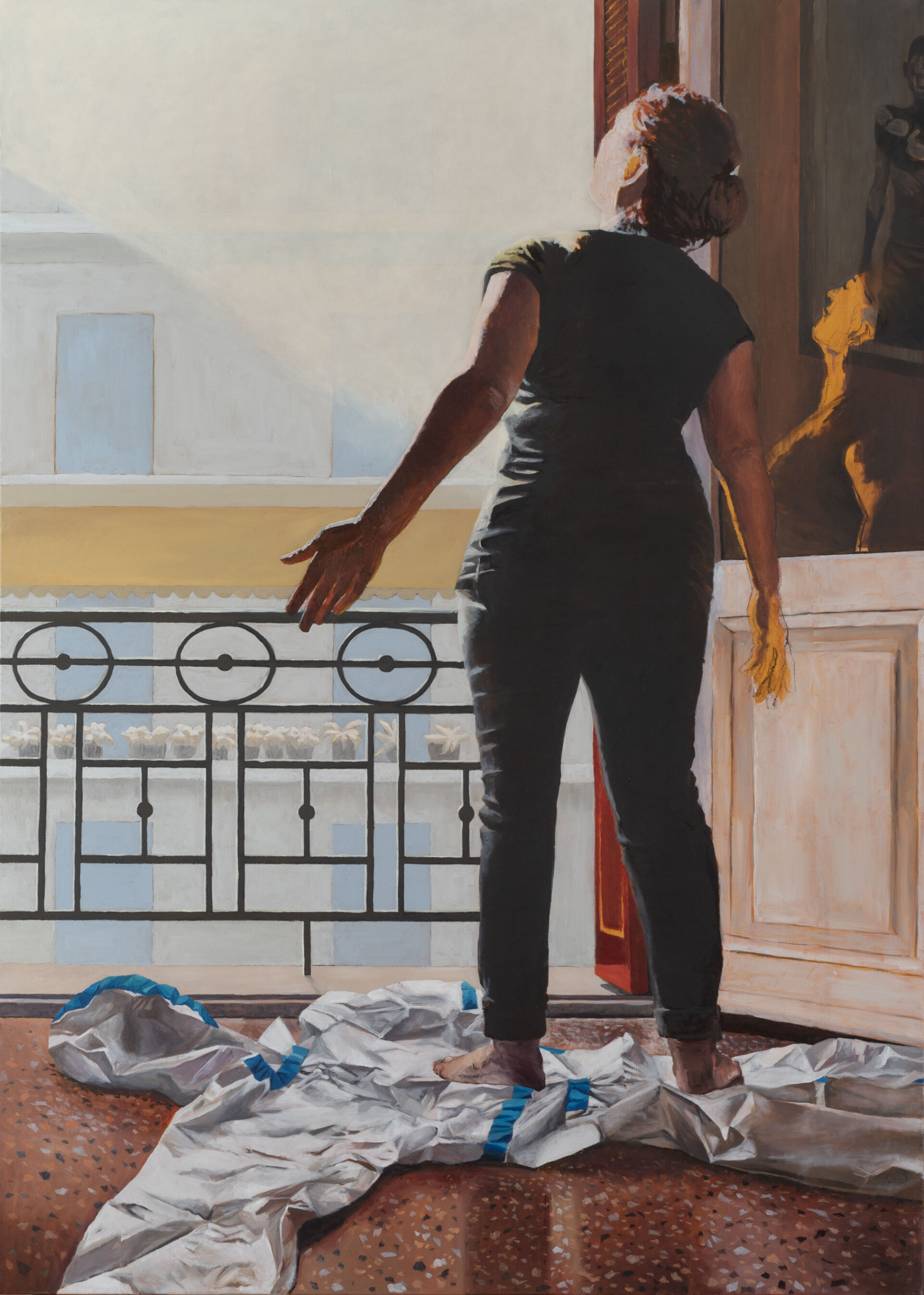 Πίνακας ζωγραφικής με γυναίκα που κοιτάζει προς τον ουρανό έξω από τη μπαλκονόπορτα