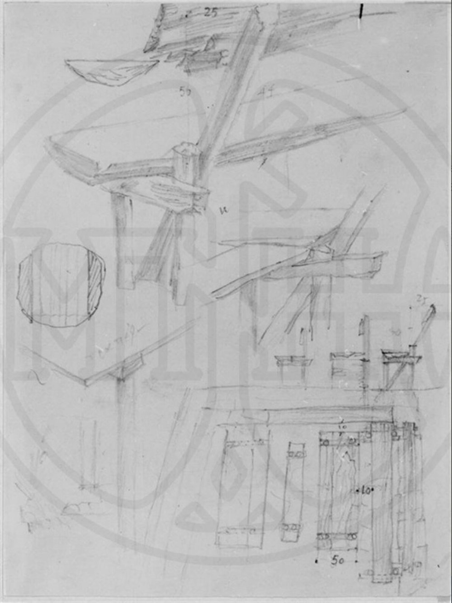 Δημήτρης Πικιώνης Παιδική χαρά Φιλοθέης, Λεπτομέρειες από ξυλοδεσιές για τραπέζια και πάγκους 1961 - 1965 ©Μουσείο Μπενάκη