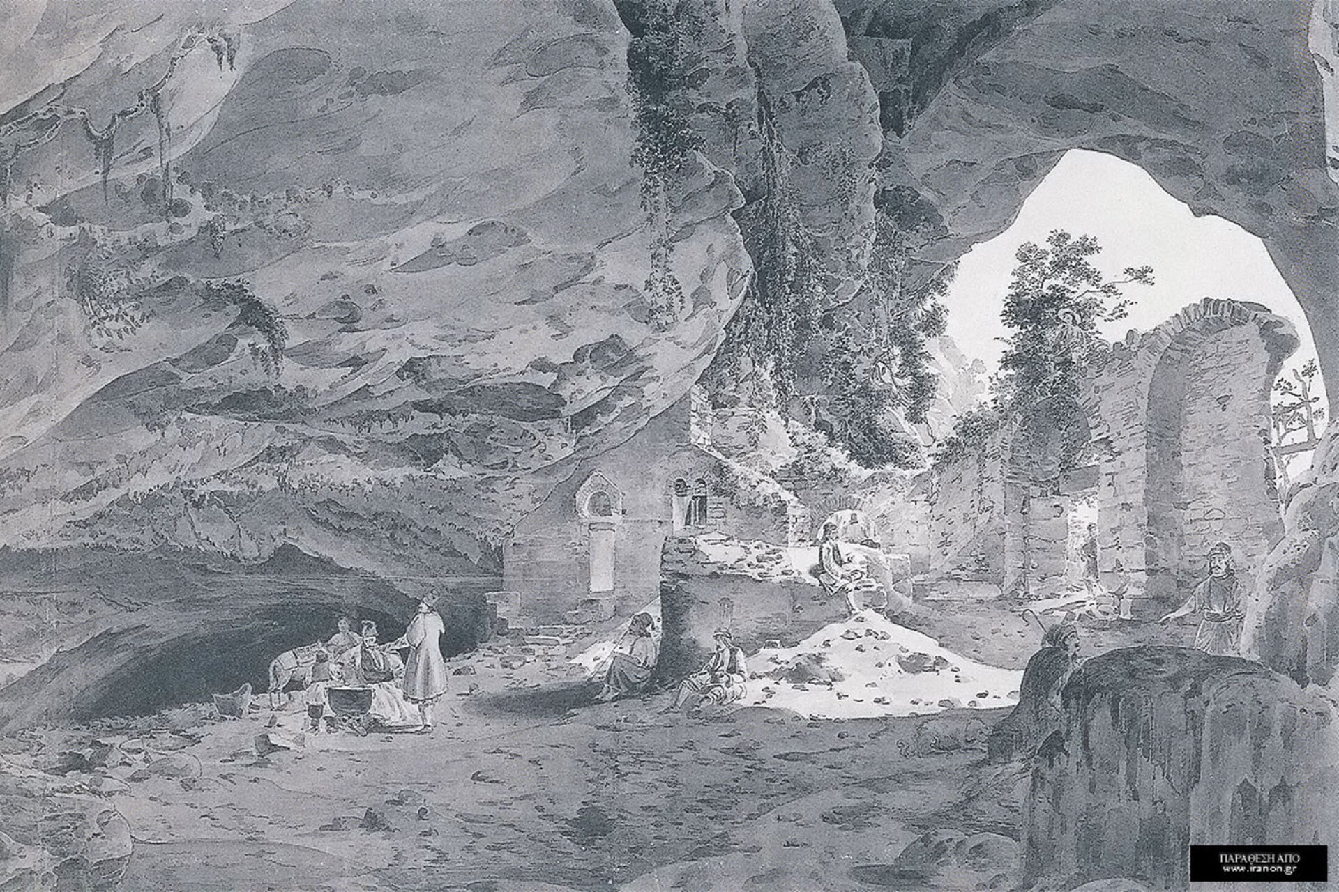 Γκραβούρα του Ludwing Lange που απεικονίζει το εσωτερικό της σπηλιάς της Πεντέλης