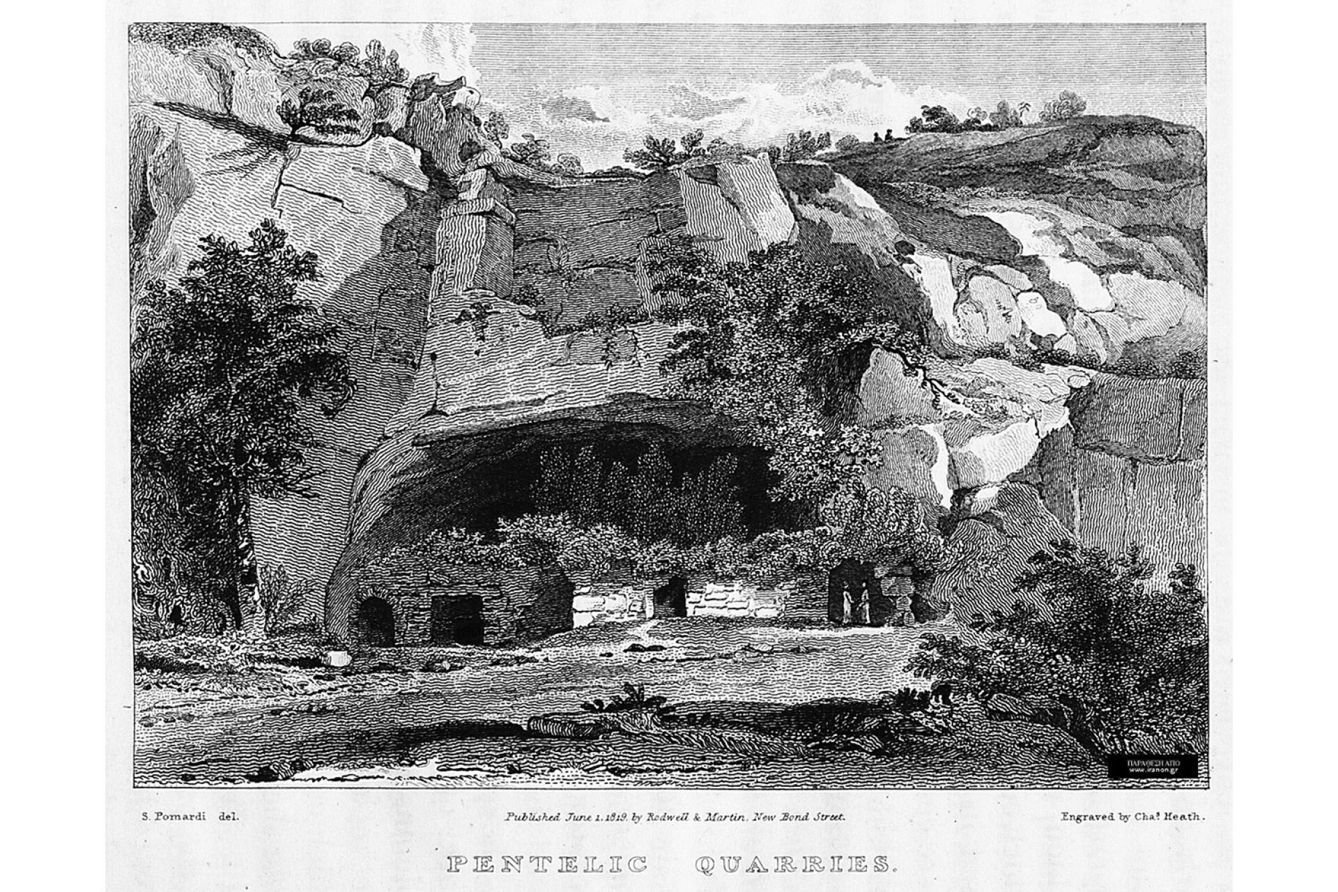 Γκραβούρα με τον τοίχο που υπήρχε μπροστά από την σπηλιά της Πεντέλης