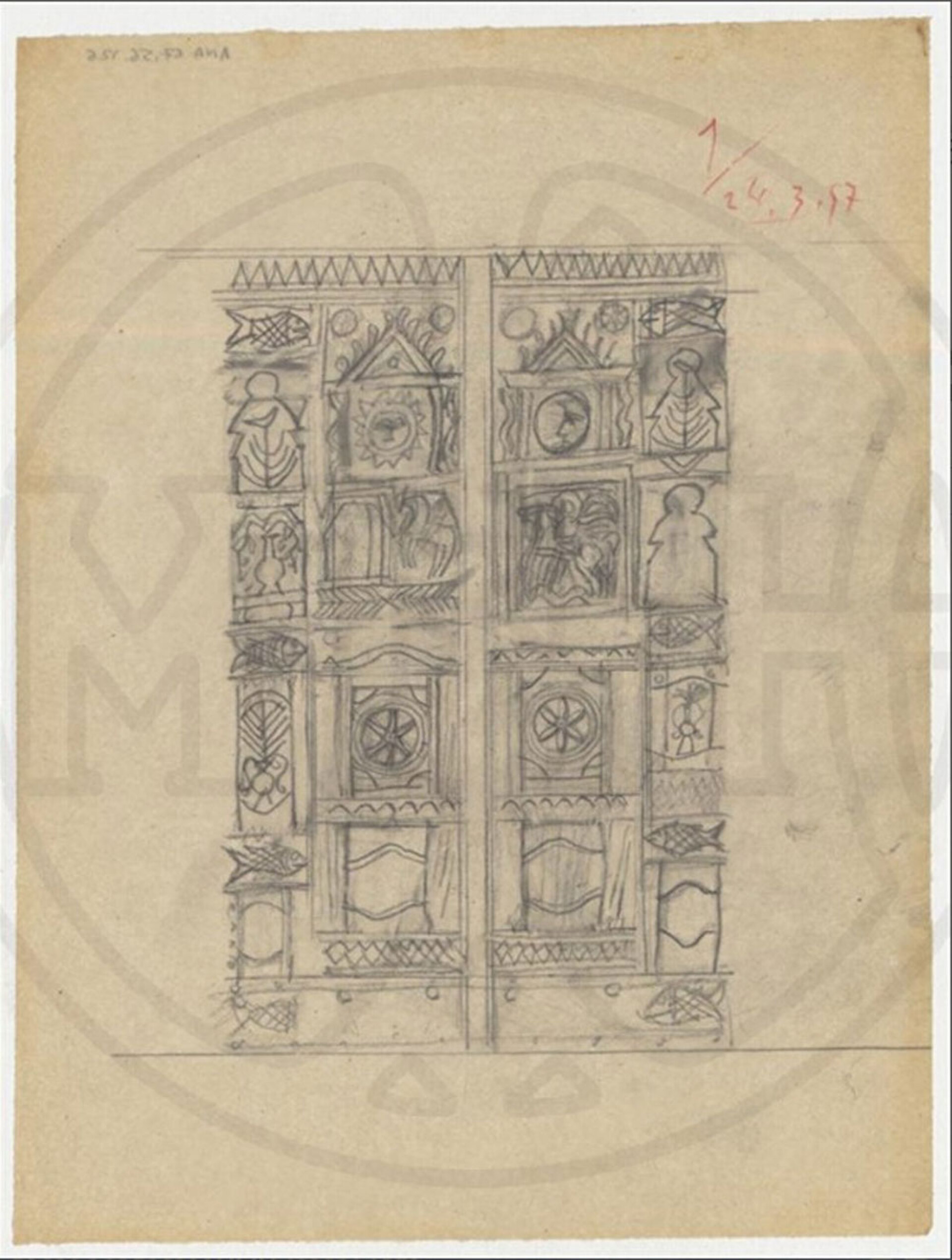 Δημήτρης Πικιώνης Αγ. Δημήτριος Λουμπαρδιάρης, Προσχέδια για πόρτες του ναού 1954 - 1957 ©Μουσείο Μπενάκη