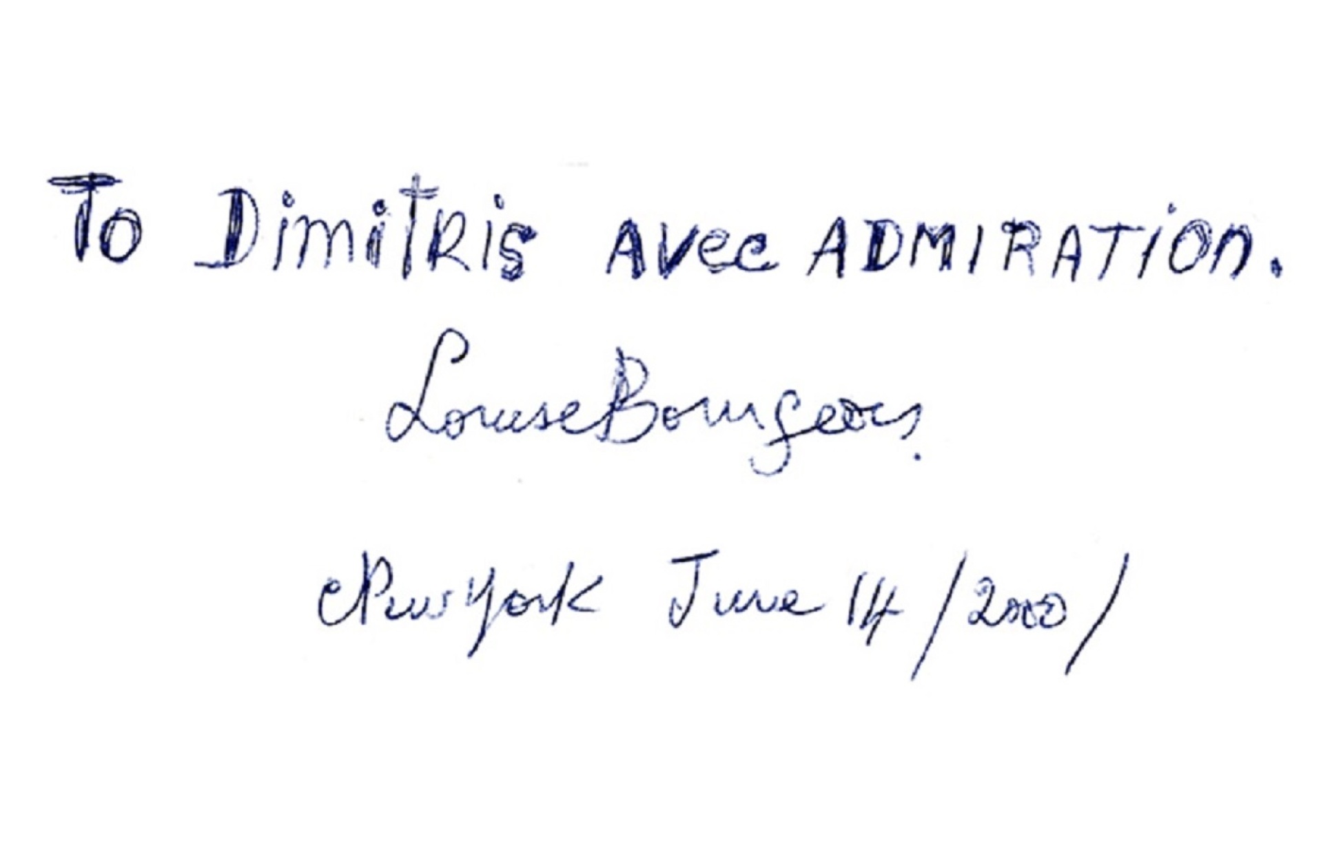 Αυτόγραφο της γλύπτριας προς τον ζωγράφο τον Ιούνιο του 2000 στη Νέα Υόρκη. 