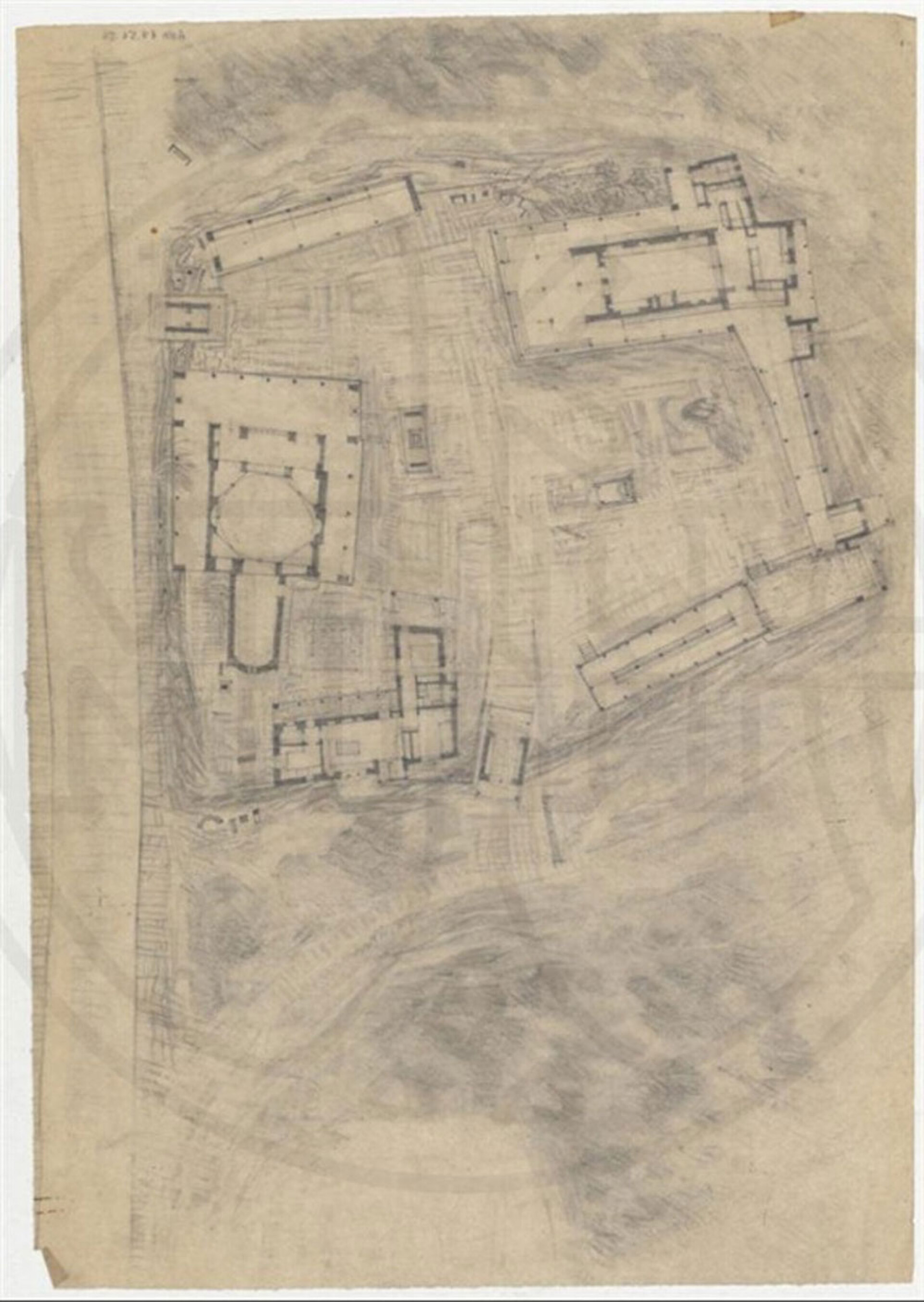 Δημήτρης Πικιώνης Αγ. Δημήτριος Λουμπαρδιάρης, Προσχέδιο γενικής κάτοψης ιερού ναού, αναπαυτηρίου και περιβάλλοντος χώρου 1954 - 1957 ©Μουσείο Μπενάκη