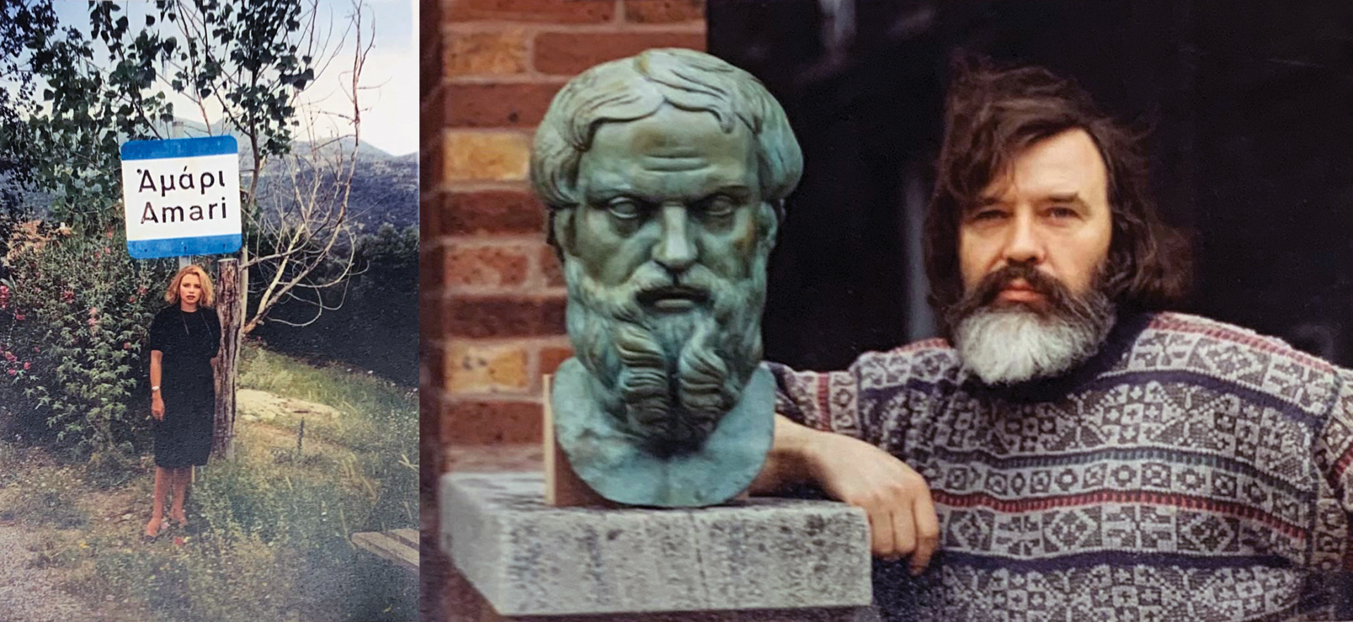 Αριστερά: Η Χριστίνα Κατράκη σε παλιότερη επίσκεψή της στην Κρήτη, στο Αμάρι Ρεθύμνης, τον καιρό  της ειρήνης. Δεξιά: Ο πατέρας της Χριστίνας Κατράκη, ο διεθνούς φήμης γλύπτης Ανατόλι Κους Κατράκης.