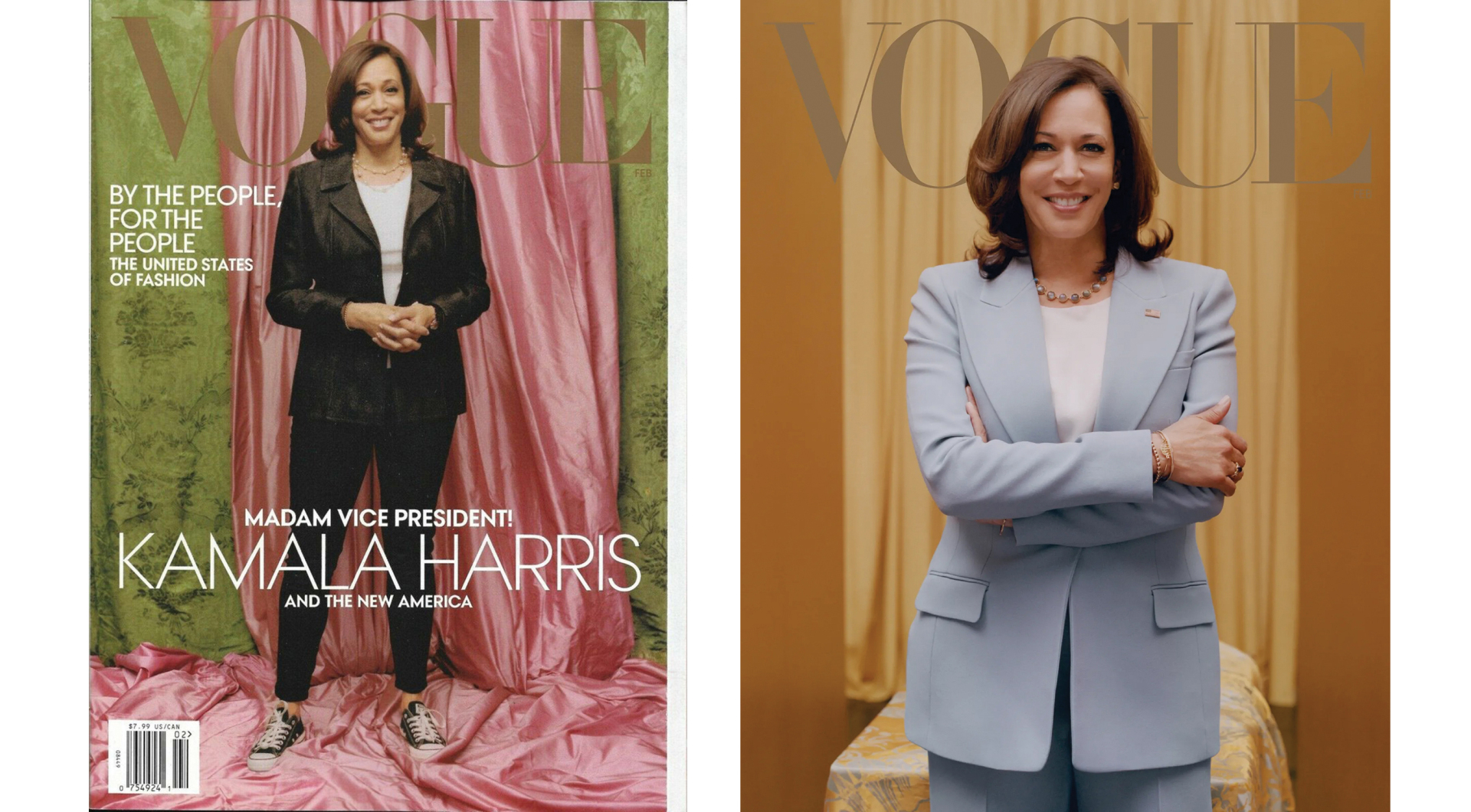 Η Κάμαλα Χάρις στο εξώφυλλο της έντυπης Vogue (αριστερά ) και στο εξώφυλλο της ηλεκτρονικής έκδοσής της 