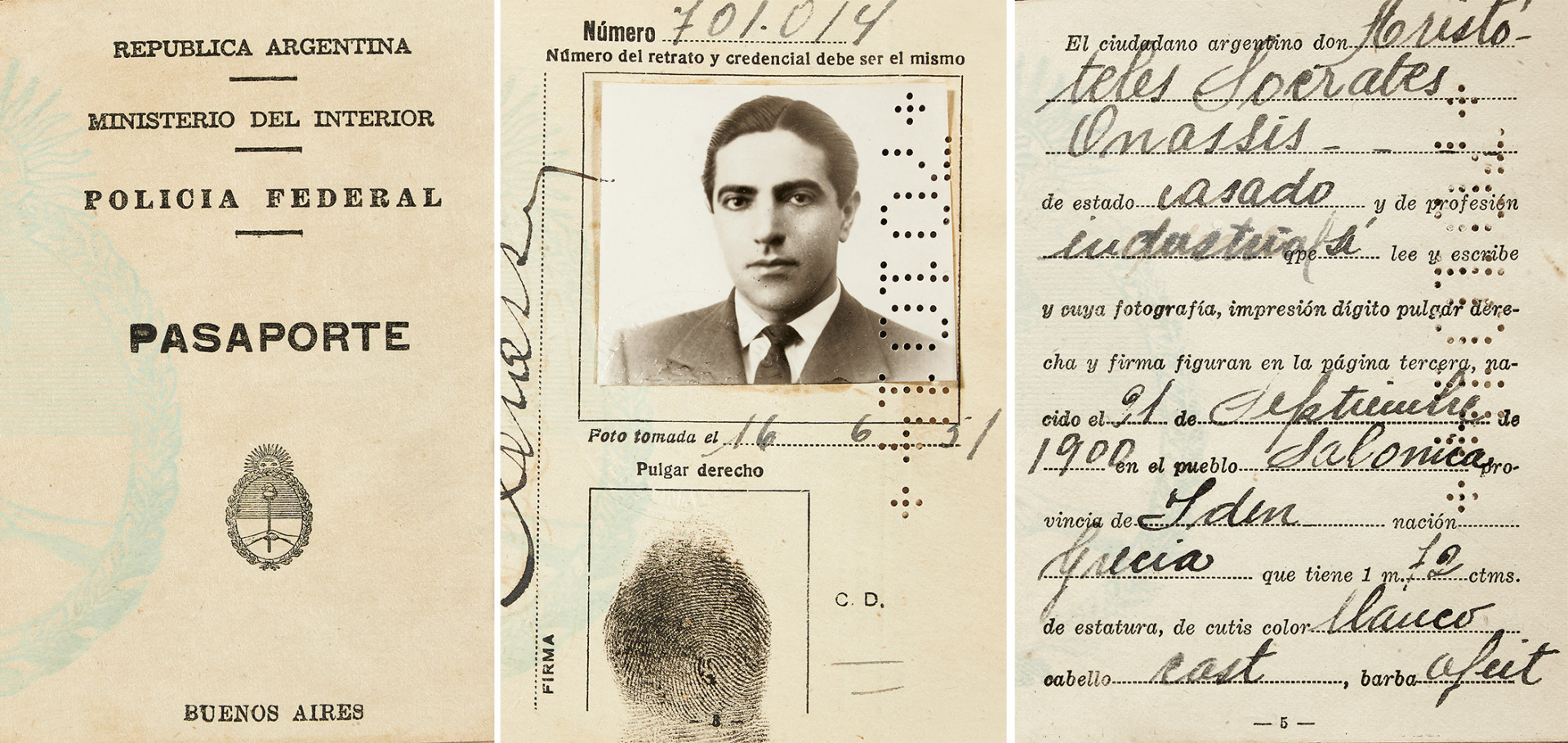 Το αργεντίνικο διαβατήριο του Αριστοτέλη Ωνάση, 1951.  Πηγή: Αρχείο Ωνάση, “Aristotle Onassis’s passport”. 