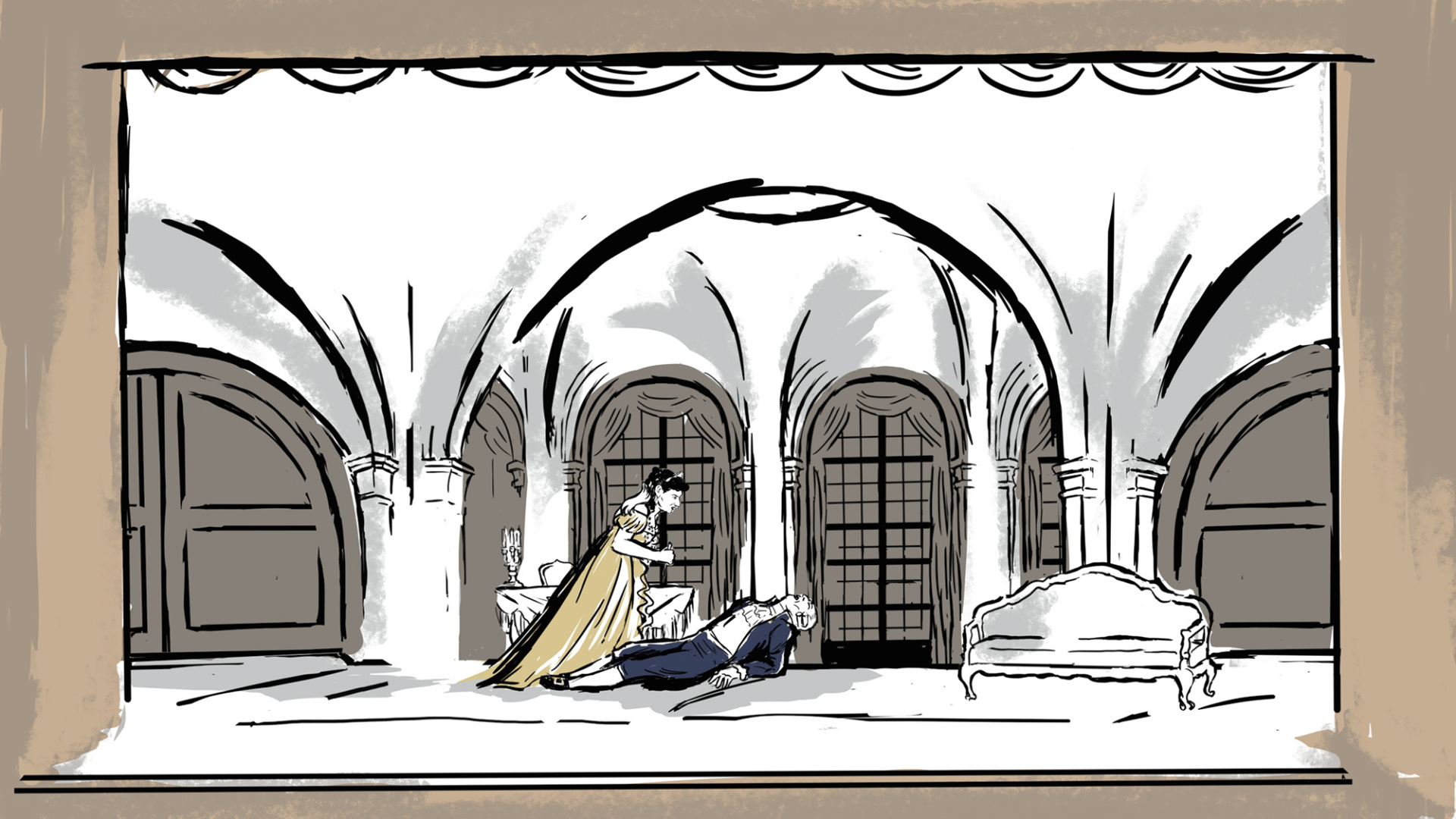  Εικονογραφημένη σκηνή από την όπερα «Τόσκα» του Τζάκομο Πουτσίνι, από τον Βαγγέλη Μαντζαβίνο.