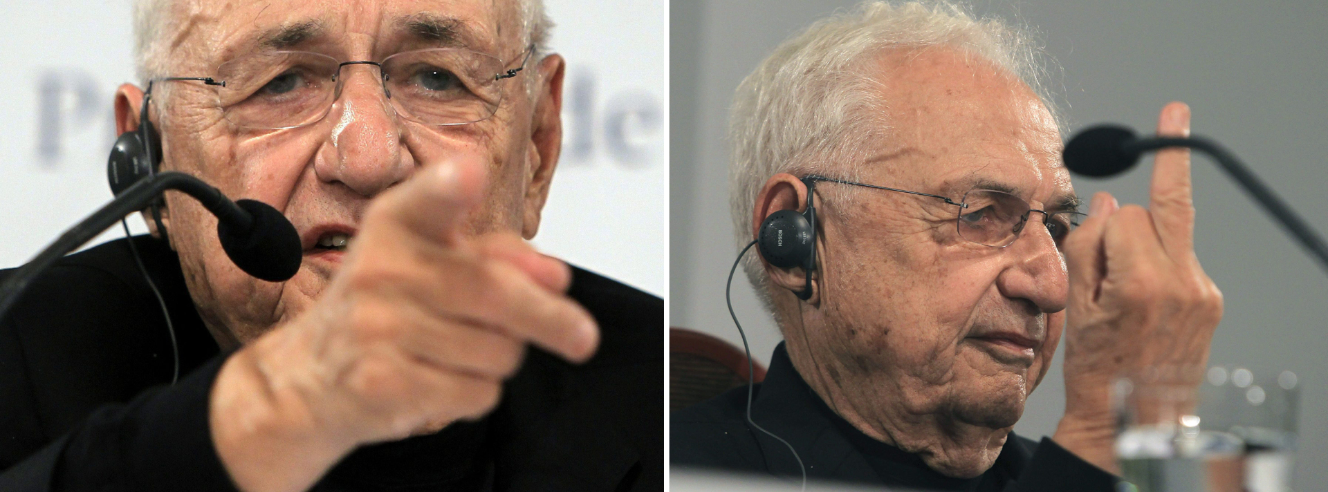 Η στιγμή που ο Frank Gehry κάνει την περίφημη κίνηση με το δάκτυλό του στο Οβιέδο, μία ημέρα πριν τιμηθεί με το Prince of Asturias Award for Arts στο Οβιέδο το 2014 © EPA/J.L.CEREIJIDO 