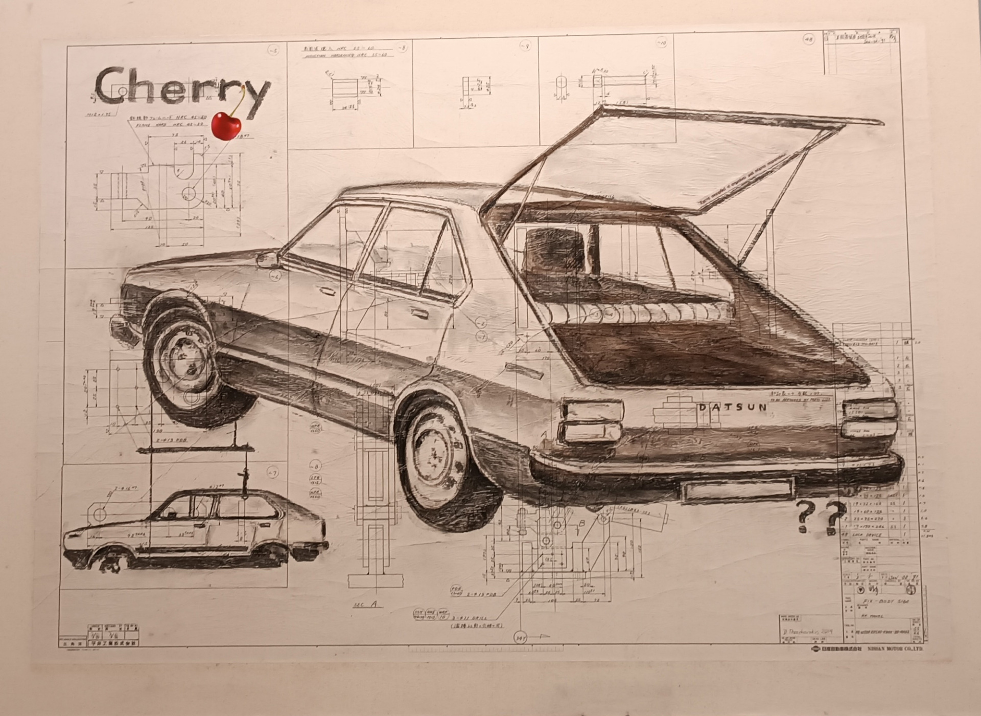 Έργο με κάρβουνο, μελάνι, κολάζ σε παλιό σχέδιο συναρμολόγησης εφαρμοσμένο σε καμβά