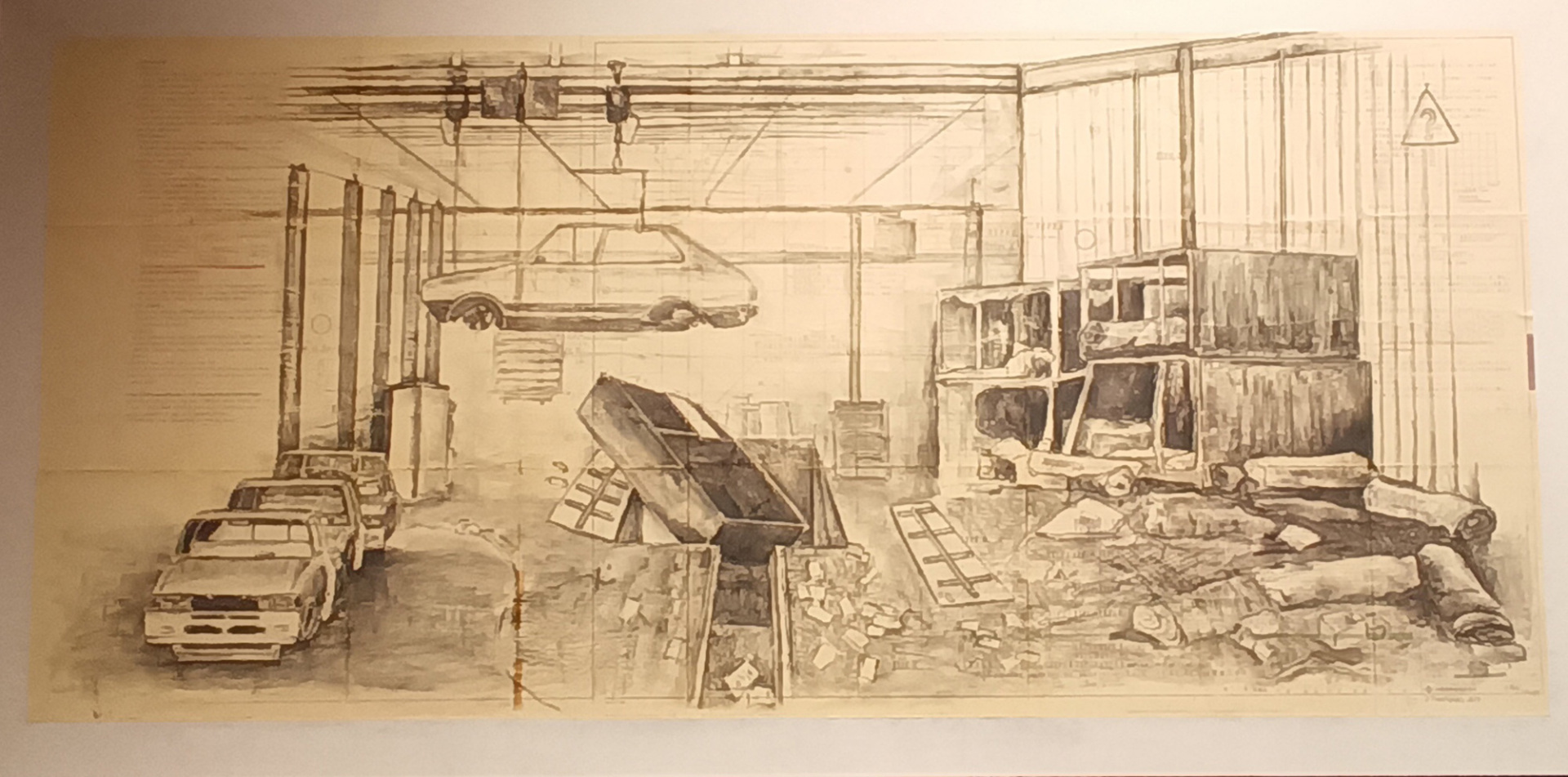 Έργο με κάρβουνο σε παλιό σχέδιο συναρμολόγησης εφαρμοσμένο σε καμβά