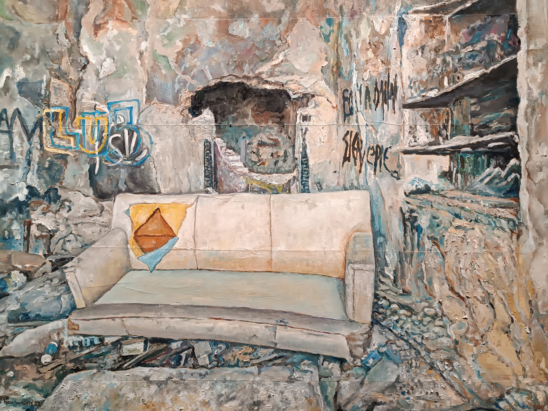 Έργο με λάδι σε παλιό σχέδιο συναρμολόγησης εφαρμοσμένο σε καμβά