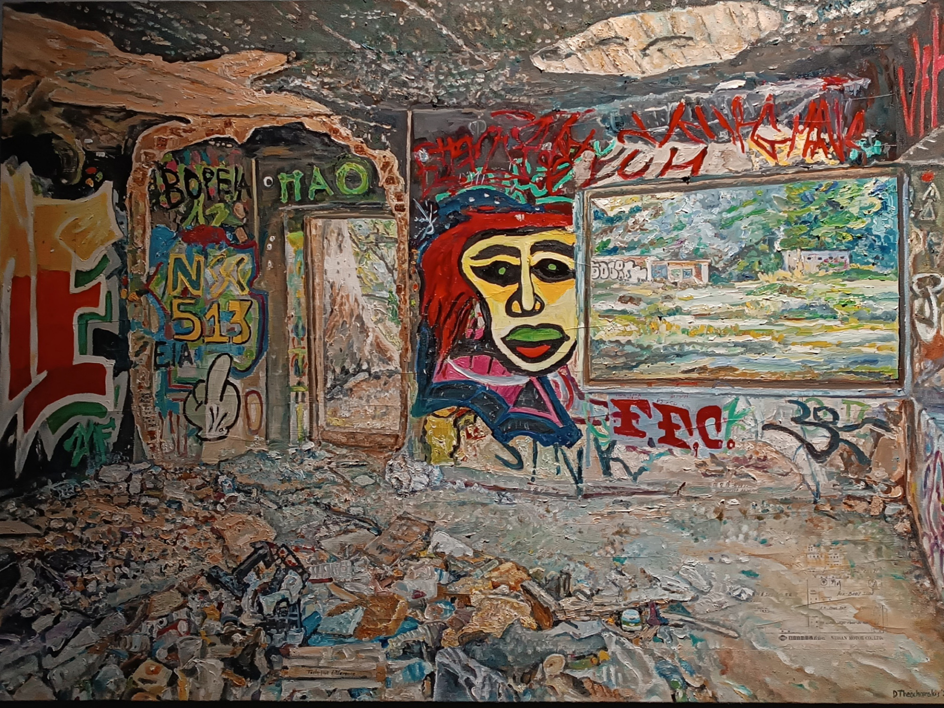 Έργο με λάδι σε παλιό σχέδιο συναρμολόγησης εφαρμοσμένο σε καμβά