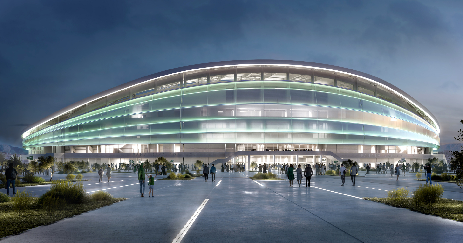 Βραδινή άποψη του εξωτερικού του νέου γηπέδου στον Βοτανικό