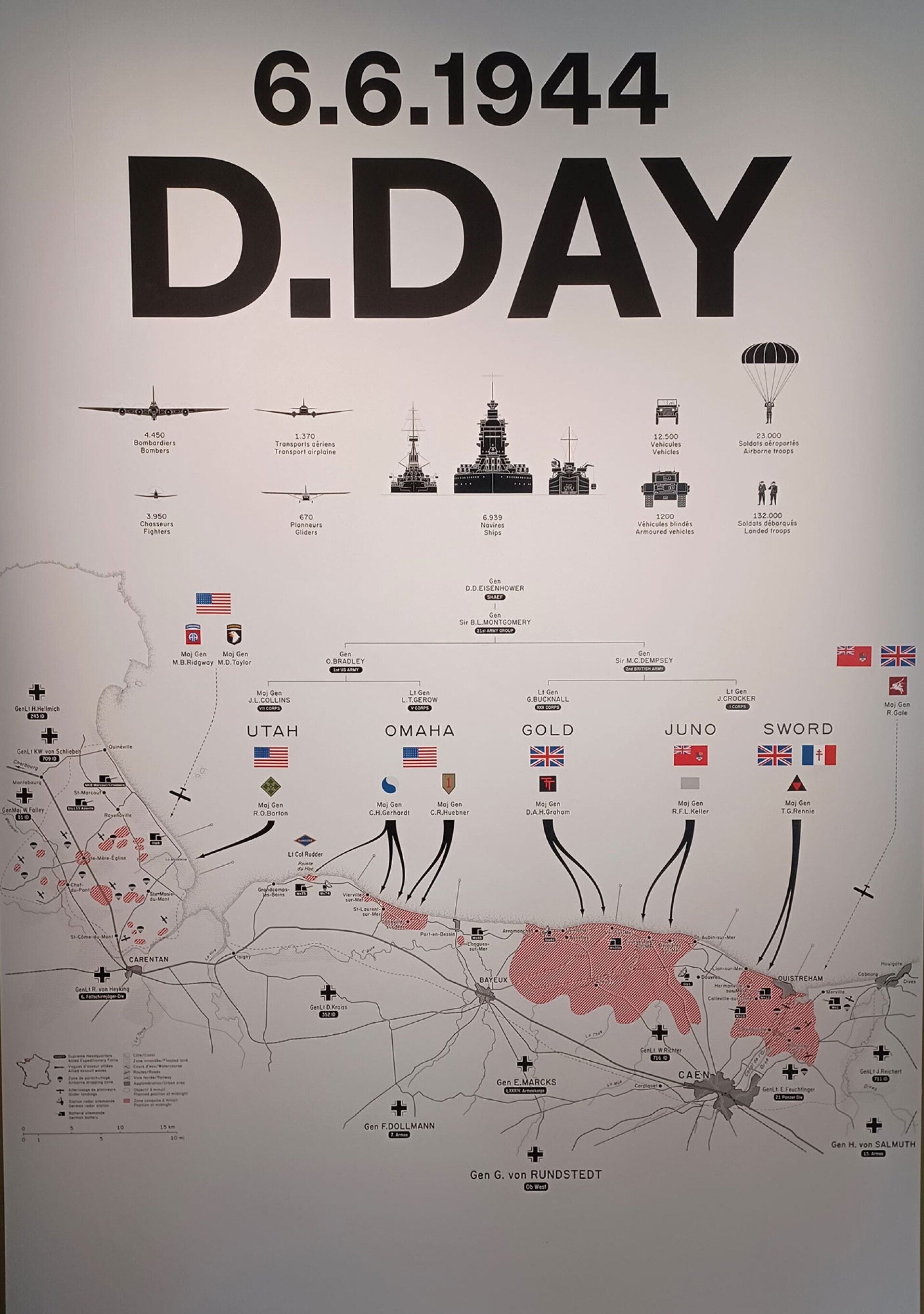Χάρτης με τις κωδικές ονομασίες των παραλιών της Νορμανδίας στις οποίες πραγματοποιηθηκε η Απόβαση και των χωρών που είχαν επιφορτιστεί με την κάθε παραλία. 