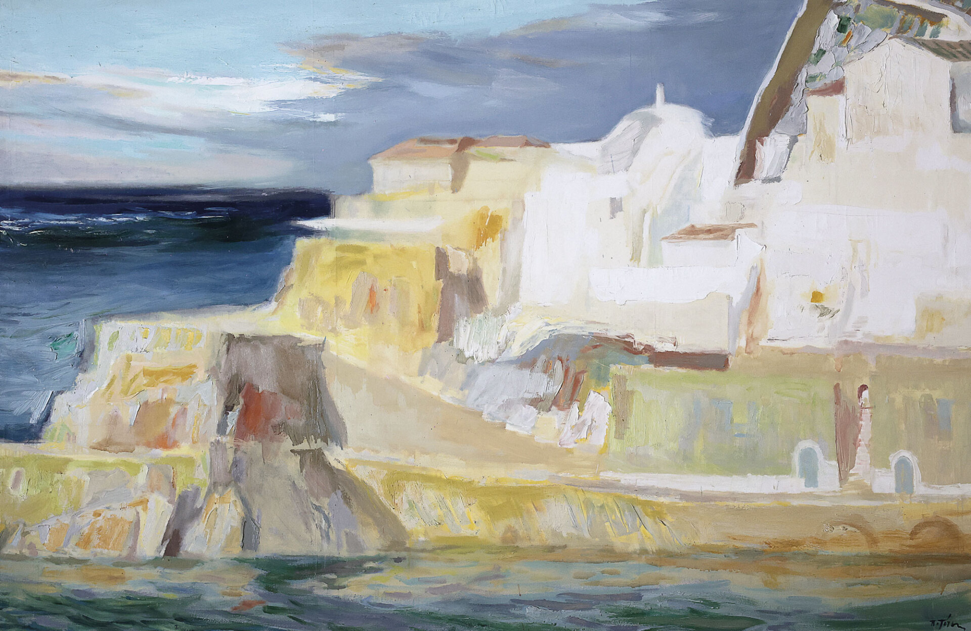 Άποψη από το λιμάνι της Ύδρας, με τον λιμενοβραχίονα και τη δεξιά αμφιθεατρική πλευρά. Γενέθλιος τόπος του Παναγιώτη Τέτση, η Ύδρα με τις «κρημνώδεις ακτές και τους αλίπληκτους βράχους»