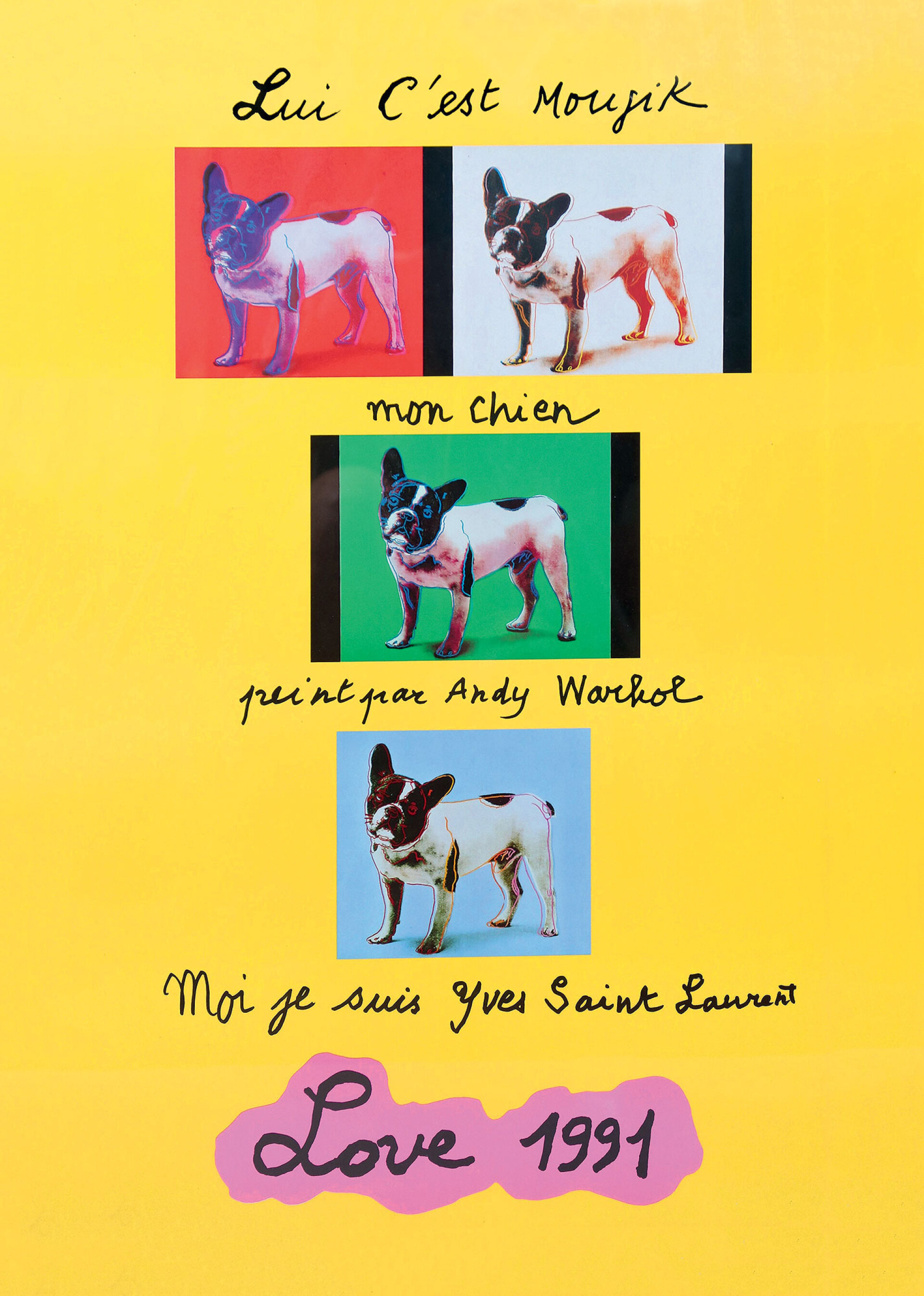 Ο Yves Saint Laurent σχεδίασε μια σειρά ευχετήριων καρτών σε μορφή πόστερ, το οποίο θα έστελνε σε φίλους, συνεργάτες και πελάτες κάθε χρόνο, έως το 2007. Εδώ, η «Αγάπη», του 1991 σε συνεργασία με τον Andy Warhol.