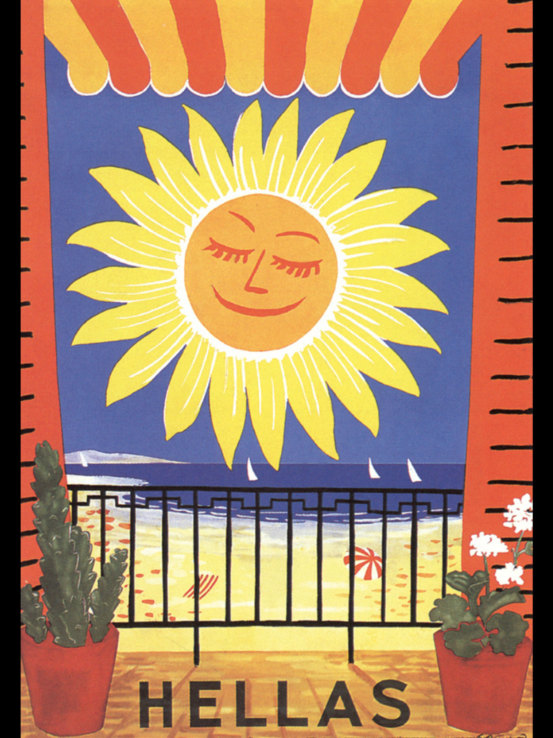 Ελλάδα, ήλιος, θάλασσα, αμμουδιά και ένα μπαλκόνι, 1959 | Έλλη Ορφανού. Αφίσα ΕΟΤ