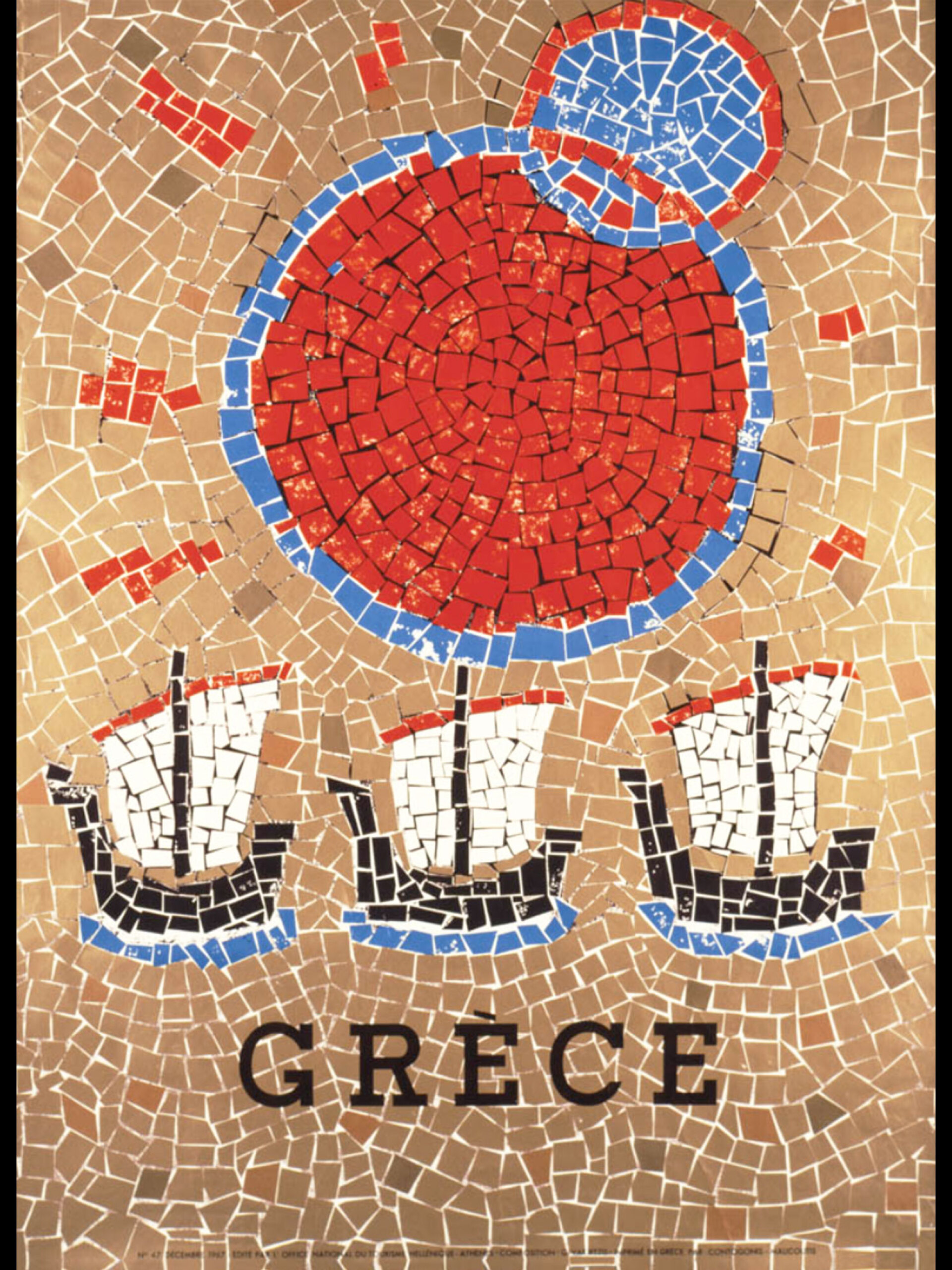 Ο ήλιος και η σελήνη πάνω από μια χρυσή θάλασσα, 1967 | Σε αυτήν την αφίσα του 1967, ο ζωγράφος Γιώργος Βακιρτζής συνεργάστηκε με τον ζωγράφο και χαράκτη Παναγιώτη Γράββαλο. Η συνεργασία των δύο αυτών καλλιτεχνών με τον ΕΟΤ, για τον σχεδιασμό τουριστικής αφίσας θεωρείται ότι επηρέασε και το προσωπικό τους εικαστικό ιδίωμα