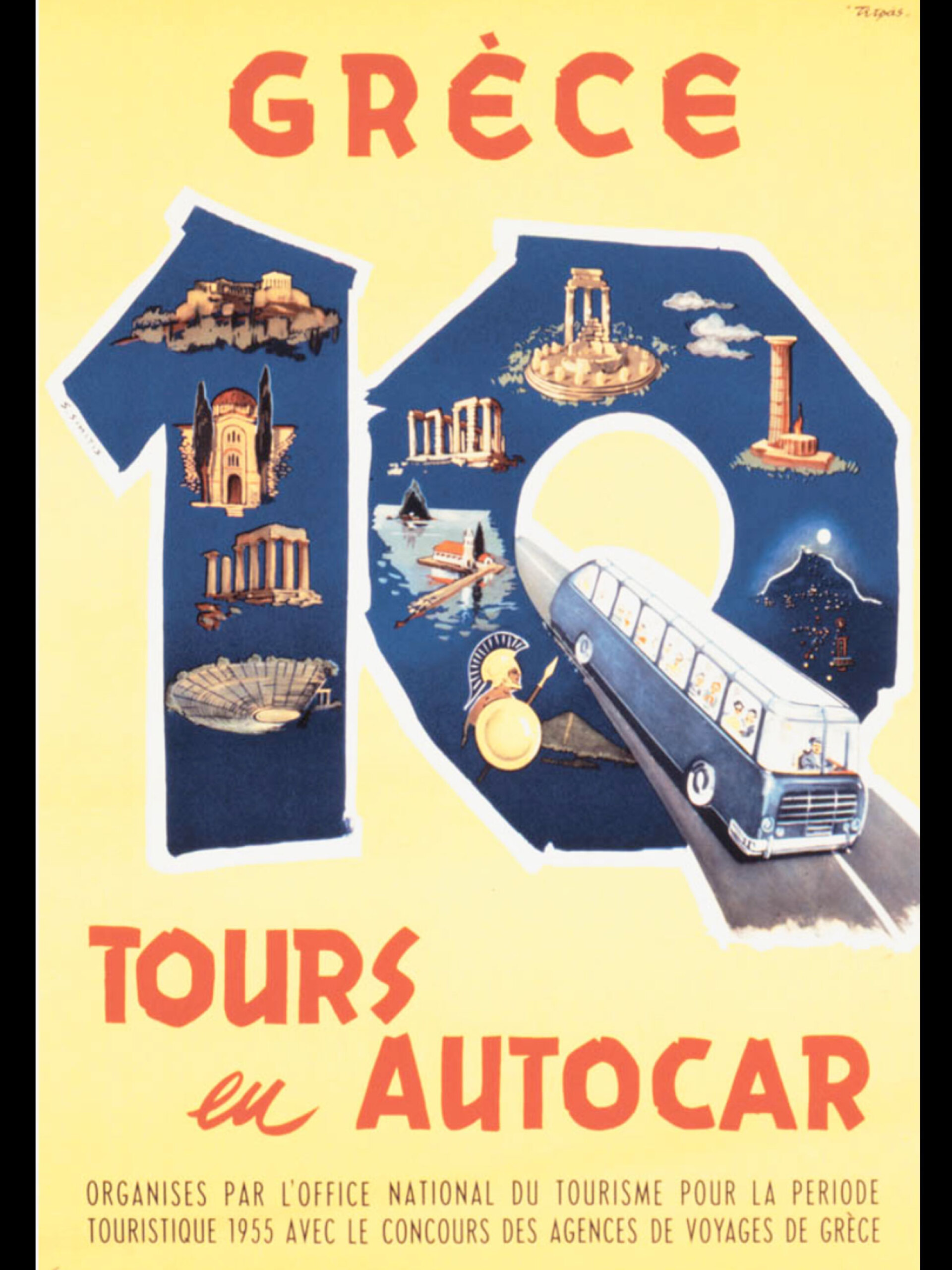 10 Περιηγήσεις με Λεωφορείο στην Ελλάδα, 1955 | Αφίσα ΕΟΤ