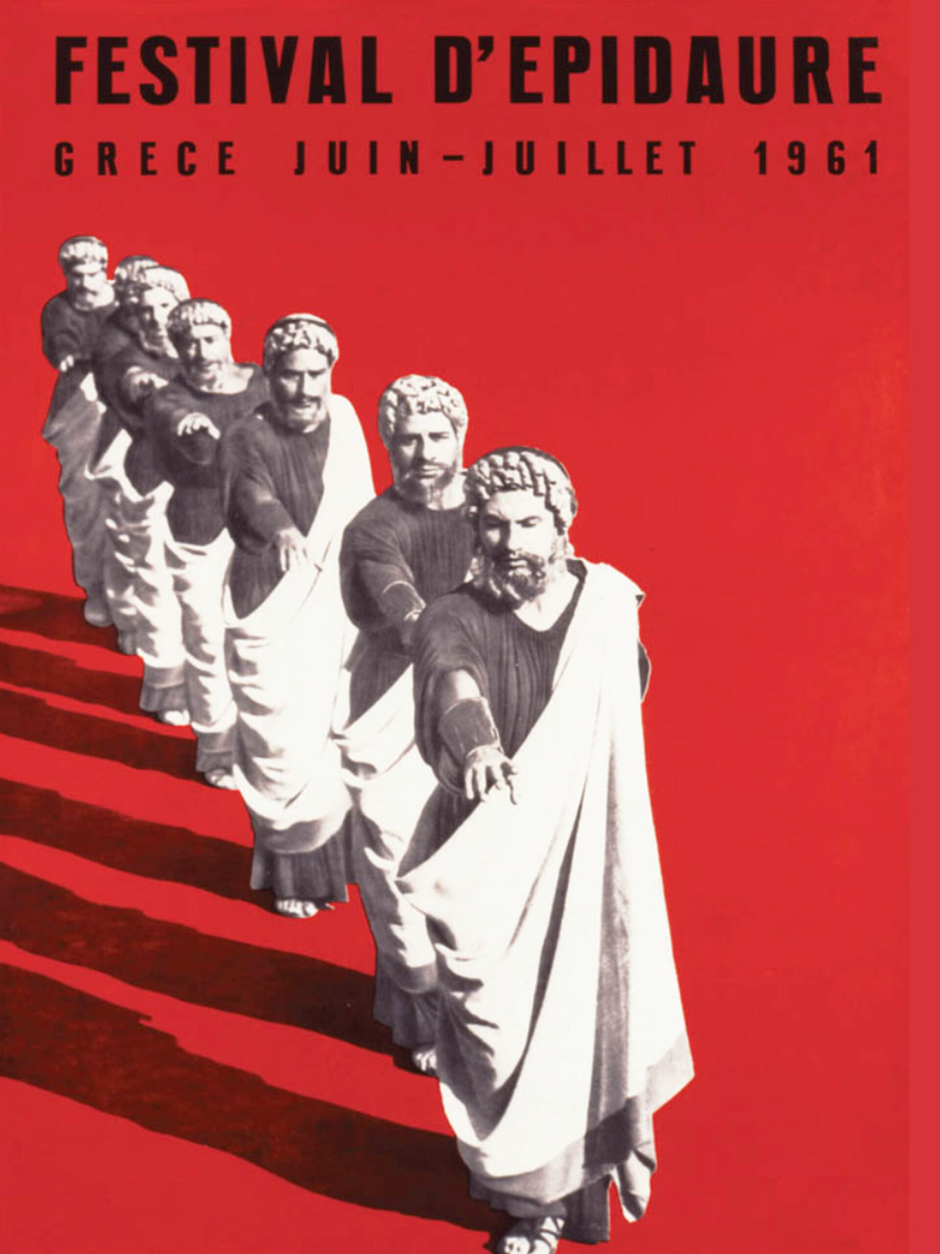 Φεστιβάλ Επιδαύρου, 1961 | Σχεδιαστής: Μιχάλης Κατζουράκης. Αφίσα του ΕΟΤ για την προώθηση του Φεστιβάλ Επιδαύρου του 1961. Σύνθεση με φωτογραφία από την παράσταση του 1958 της τραγωδίας του Σοφοκλή, Οιδίπους επί Κολωνώ, σε σκηνοθεσία Αλέξη Μινωτή