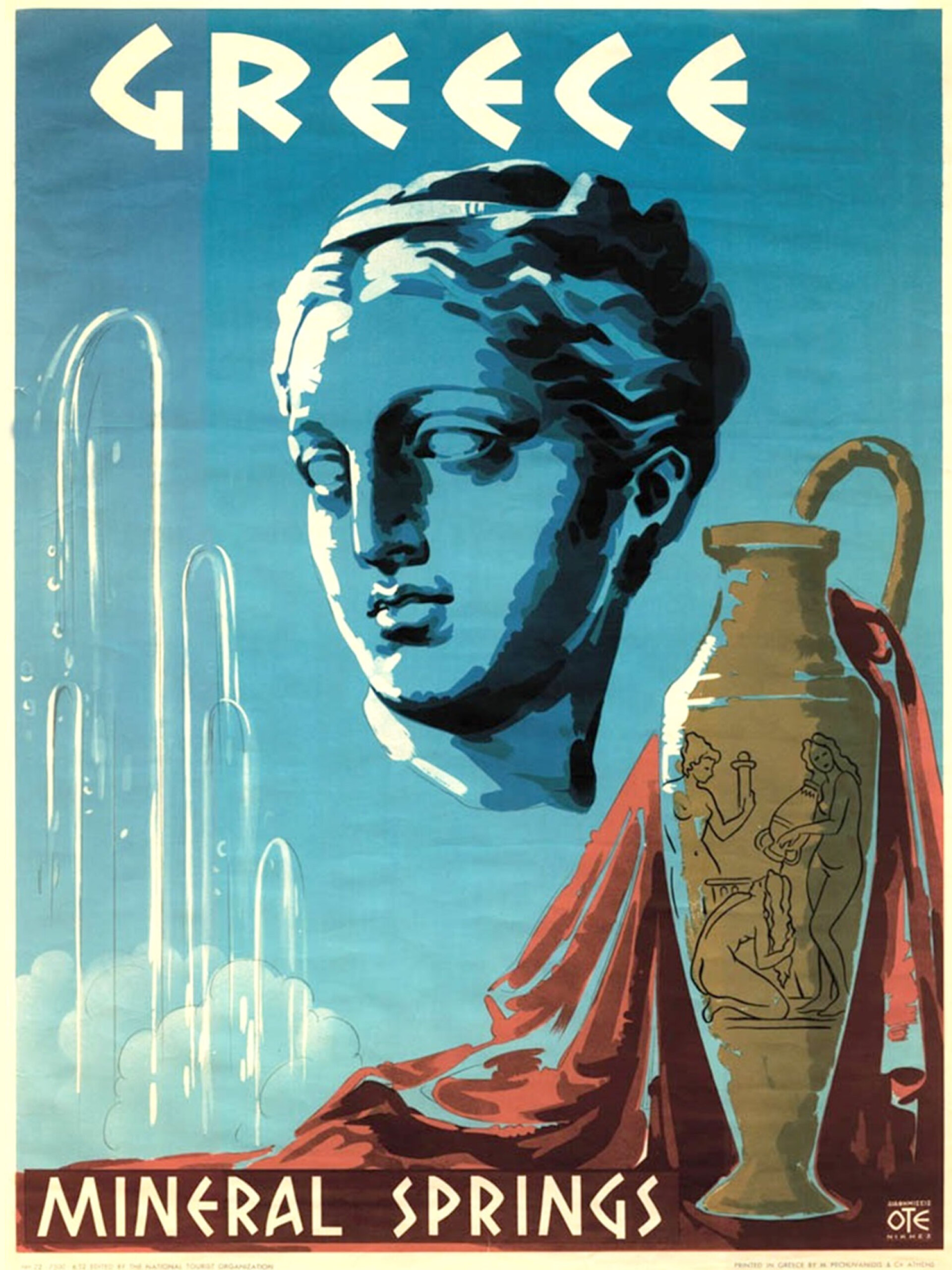 Ιαματικές πηγές στην Ελλάδα, 1952. Ο ΕΟΤ ήταν υπεύθυνος, μεταξύ άλλων, για τις ιαματικές πηγές και τα λουτρά της Ελλάδας. Αυτή η αφίσα, απεικονίζει το κεφάλι της θεάς Υγείας δίπλα σε μία λήκυθο διακοσμημένη με ένα αρχαιοελληνικό θέμα καθημερινής ζωής σχετικό με το νερό. Δεξιά της κεφαλής της Υγείας υπάρχει η απεικόνιση υδάτων που αναβλύζουν