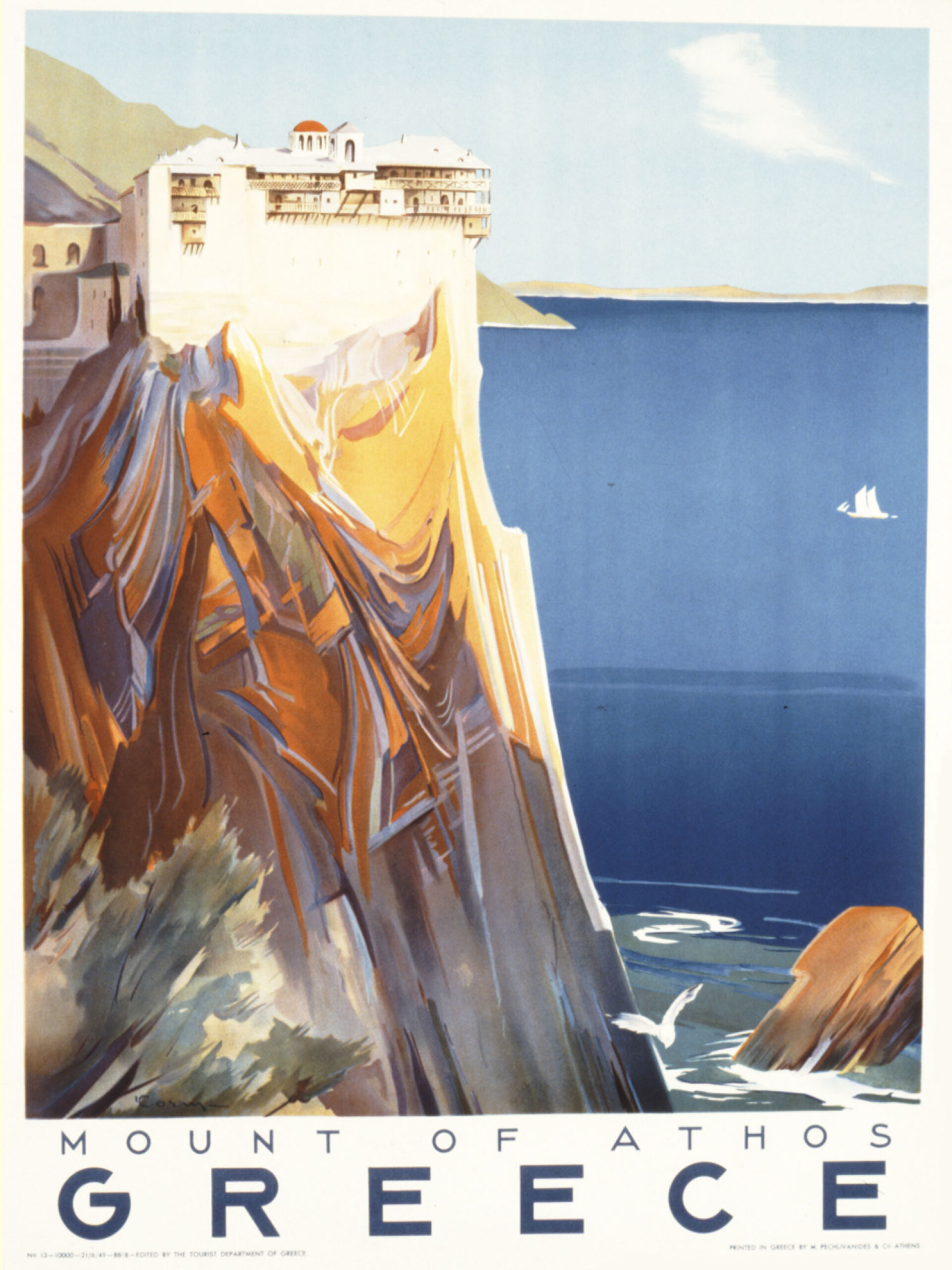 Άγιον Όρος, 1949 | Σχεδιαστής: Γεώργιος Κοσμαδόπουλος. Αφίσα ΕΟΤ, ένα από τα είδη τουρισμού που το ελληνικό κράτος προσπάθησε να ενισχύσει αμέσως μετά τον Β' Παγκόσμιο πόλεμο ήταν ο θρησκευτικός και προσκυνηματικός τουρισμός