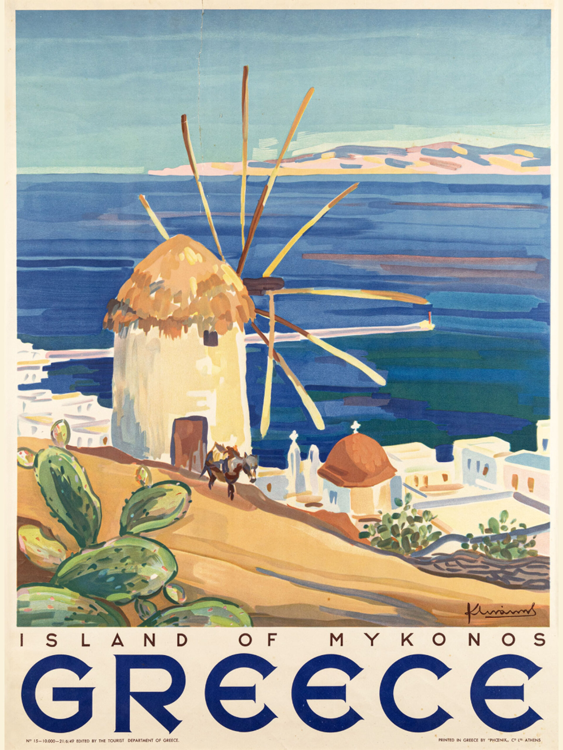 Ανεμόμυλος στη Μύκονο | Κώστας Λινάκης. Αυτή η διαφημιστική αφίσα του 1949 της Γενικής Γραμματείας Τουρισμού απεικονίζει έναν ανεμόμυλο στο νησί της Μυκόνου. Είναι ένας από τους επτά διατηρημένους αλευρόμυλους στο νησί