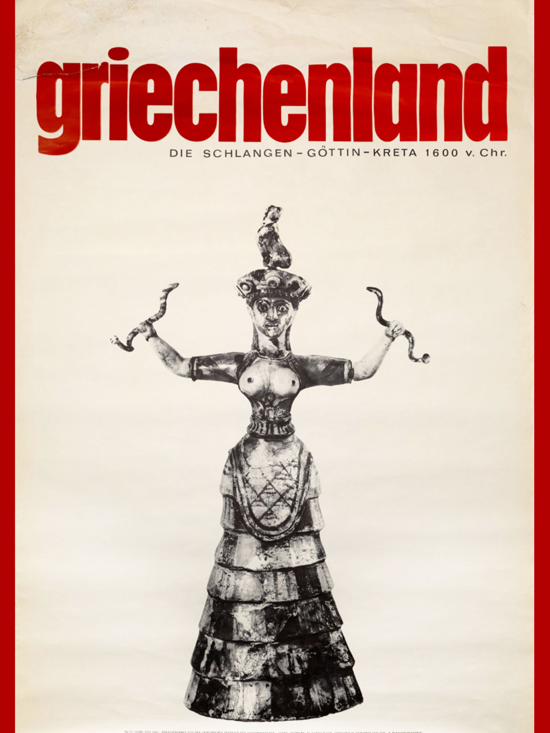 Η θεά των Όφεων, 1964 | Μιχάλης Κατζουράκης. Αυτή η αφίσα του ΕΟΤ παρουσιάζει ένα μινωικό ειδώλιο της Θεάς των Όφεων, που συμβολίζει τη θεά της γονιμότητας. Χρονολογείται γύρω στο 1600 π.Χ.